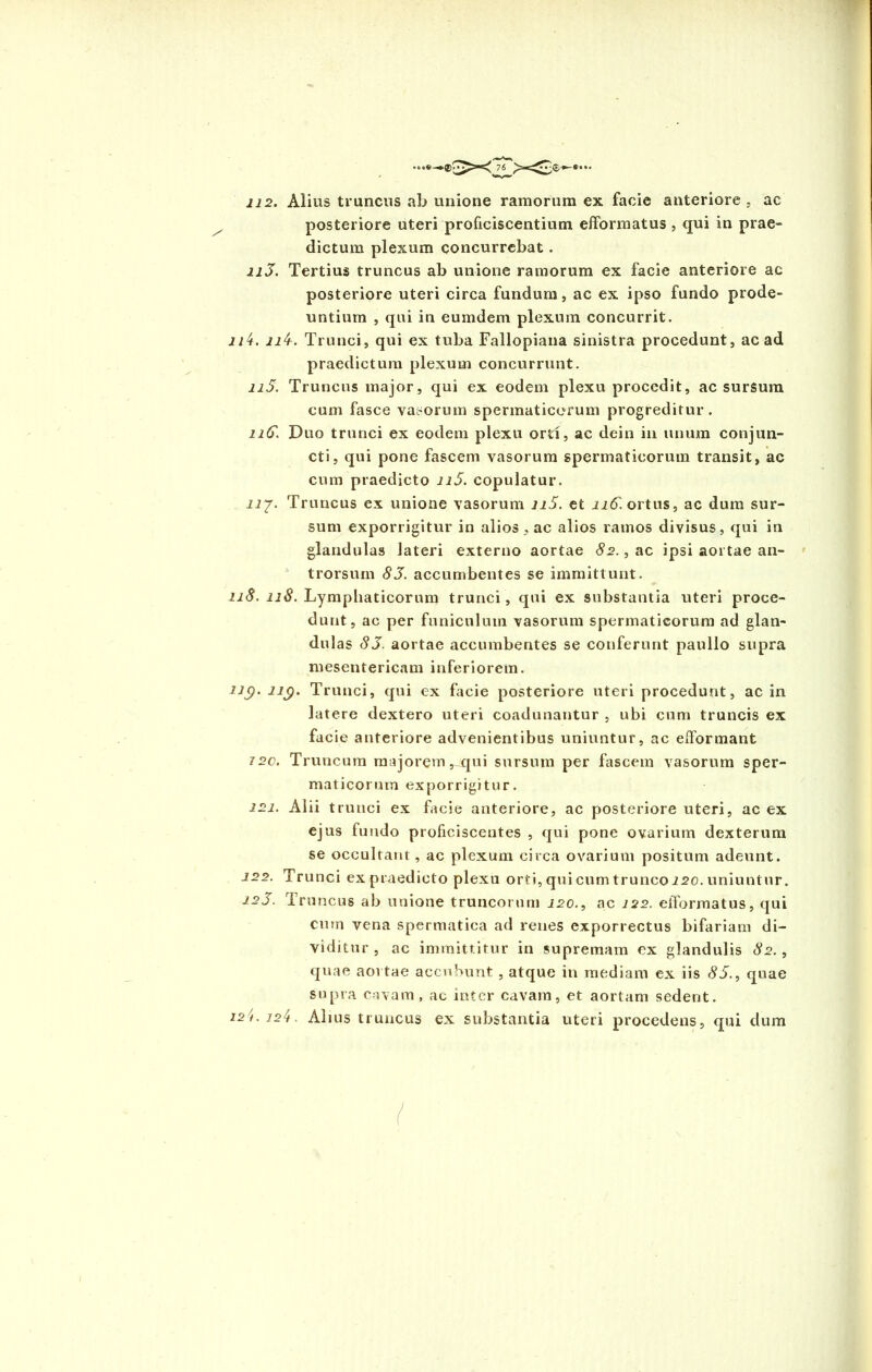 posteriore uteri proficiscentium efformatus , qui in prae- dictum plexum concurrebat. n3. Tertius truncus ab unione ramorum ex facie anteriore ac posteriore uteri circa fundum, ac ex ipso fundo prode- untium , qui in eumdcm plexum concurrit. 114. n4h. Trunci, qui ex tuba Fallopiana sinistra procedunt, ac ad praedictum plexum concurrunt. n5. Truncus major, qui ex eodem plexu procedit, ac sursum cum fasce vasorum spermaticorum progreditur. nC. Duo trunci ex eodem plexu orti, ac dein in unum conjun- cti, qui pone fascem vasorum spermaticorum transit, ac cum praedicto n5. copulatur. nj. Truncus ex unione vasorum n5. et 116'. ortus, ac dum sur- sum exporrigitur in alios , ac alios ramos divisus, qui ia glandulas lateri externo aortae 82., ac ipsi aortae an- trorsum 83. accumbentes se immittunt. 118. 118. Lymphaticorum trunci, qui ex substantia uteri proce- dunt, ac per funiculum vasorum spermaticorum ad glan- dulas 83. aortae accumbentes se conferunt paullo supra mesentericam inferiorem. 11$. 11$. Trunci, qui ex facie posteriore uteri procedunt, ac in latere dextero uteri coadunantur , ubi cum truncis ex facie anteriore advenientibus uniuntur, ac efformant 72c. Truncum majorem, qui sursum per fascem vasorum sper- maticorum exporrigitur. 221. Alii trunci ex facie anteriore, ac posteriore uteri, ac ex ejus fundo proficiscentes , qui pone ovarium dexterum se occultant, ac plexum circa ovarium positum adeunt. 122. Trunci ex praedicto plexu orti, qui cum trunco i.20. uniuntur. 123. Truncus ab unione truncorum 120., ac 122. eiTormatus, qui cum vena spermatica ad renes exporrectus bifariam di- viditur , ac immittitur in supremam ex glandulis 82., quae aortae accnbunt, atque in mediam ex iis 83., quae supra cavam, ac inter cavam, et aortam sederit. 12$. 124. Alius truncus ex substantia uteri procedens, qui dum