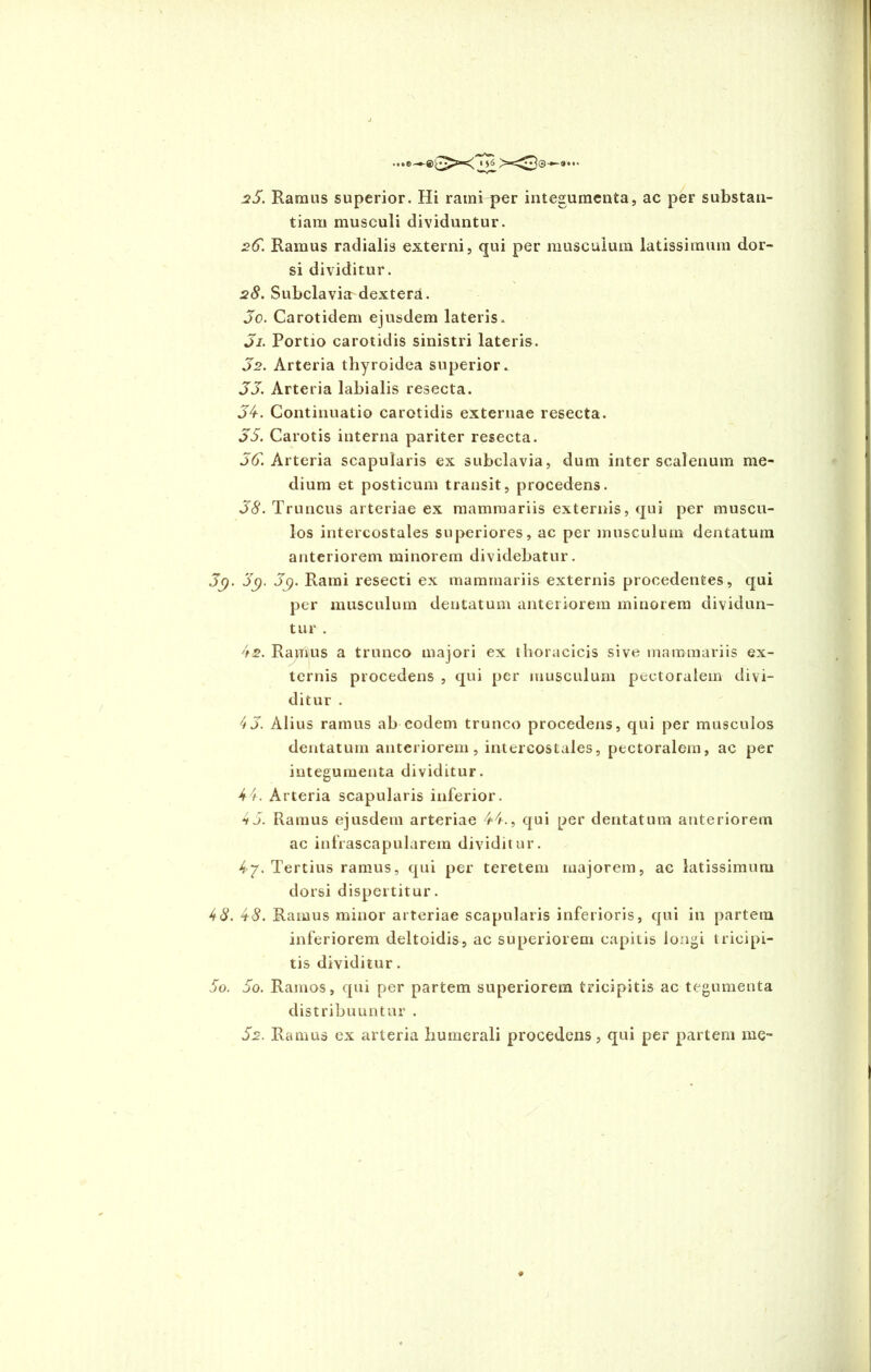 25. Ramus superior. Hi rami per integumenta, ac per substan- tiam musculi dividuntur. 26. Ramus radialis externi, qui per musculum latissimum dor- si dividitur. 28. Subclavia dextera. Jo. Carotidem ejusdem lateris. 51. Portio carotidis sinistri lateris. 02. Arteria thyroidea superior. 35. Arteria labialis resecta. 54-. Continuatio carotidis externae resecta. 55. Carotis interna pariter resecta. 55. Arteria scapularis ex subclavia, dum inter scalenum me- dium et posticum transit, procedens. 38. Truncus arteriae ex mammariis externis, qui per muscu- los intercostales superiores, ac per musculum dentatum anteriorem minorem dividebatur. 3<). 3g. 3g. Rami resecti ex mammariis externis procedentes, qui per musculum dentatum anteriorem minorem dividun- tur . 42. Ramus a trunco majori ex thoracicis sive mammariis ex- ternis procedens , qui per musculum pectoralem divi- ditur . 43. Alius ramus ab eodem trunco procedens, qui per musculos dentatum anteriorem, intercostales, pectoralem, ac per integumenta dividitur. 4-4. Arteria scapularis inferior. 45. Ramus ejusdem arteriae 44-., qui per dentatum anteriorem ac infrascapularem dividitur. 4-j. Tertius ramus, qui per teretem majorem, ac latissimum dorsi dispertitur. 48. 48. Ramus minor arteriae scapularis inferioris, qui in partem inferiorem deltoidis, ac superiorem capitis longi tricipi- tis dividitur. 5o. 5o. Ramos, qui per partem superiorem tricipitis ac tegumenta distribuuntur . 52. Ramus ex arteria humerali procedens, qui per partem me- #