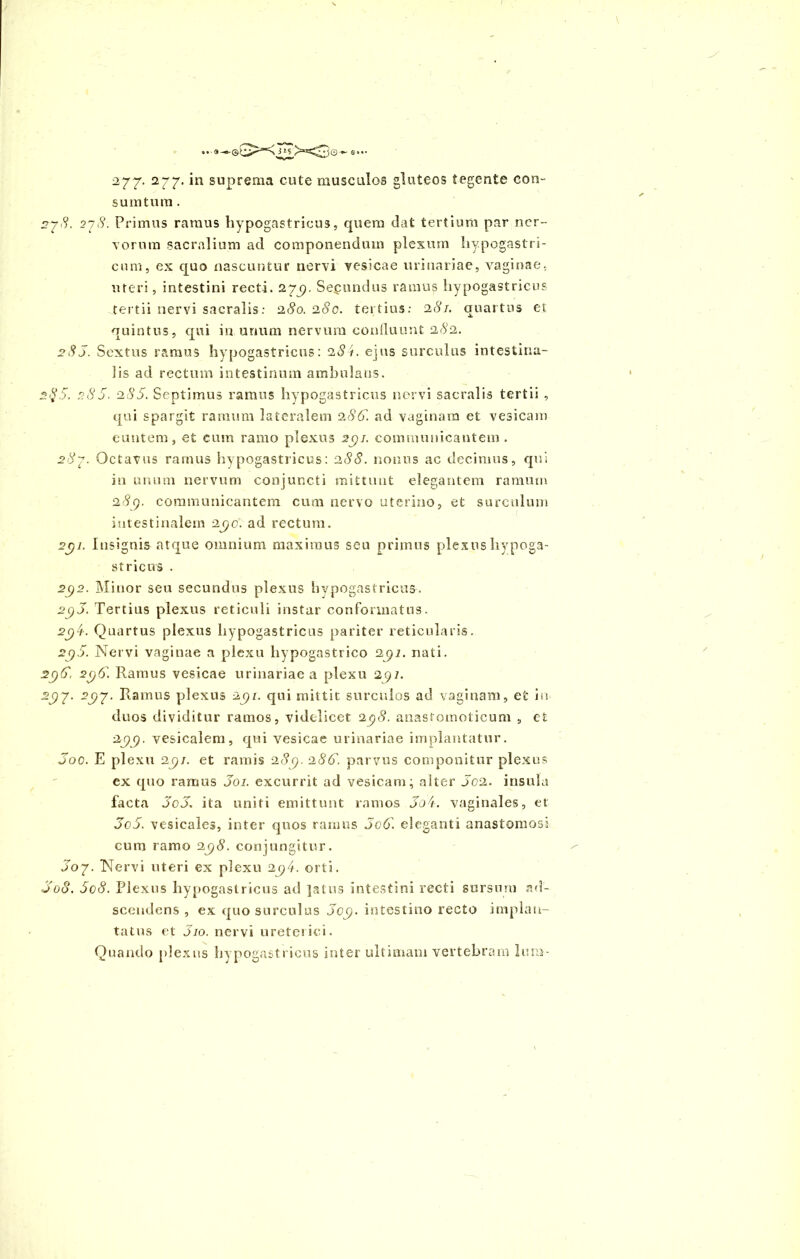 surntum . 278. 278. Primus ramus hypogastricus, quem dat tertium par ner- vorum sacralium ad componendum plexum hypogastri- cum, ex quo nascuntur nervi vesicae urinariae, vaginae, uteri, intestini recti. 27^. Sepundus ramus hypogastricus tertii nervi sacralis: 2,80.280. tertius: 281. quartus et quintus, qui in unum nervum confluunt 282. 288. Sextus ramus hypogastricus: 284. ejus surculus intestina- lis ad rectum intestinum ambulans. 2$5. 28S. 285. Septimus ramus hypogastricus nervi sacralis tertii , qui spargit ramum lateralem 288. ad vaginam et vesicam euntem, et cum ramo plexus 2C)i. communicantem. 28-7. Octavus ramus hypogastricus: 288. nonus ac decimus, qui in unum nervum conjuncti mittunt elegantem ramum 289. communicantem cum nervo uterino, et surculum intestinalem 2^0. ad rectum. 2C)i. Insignis atque omnium maximus seu primus plexus hypoga- stricus . 292. Minor seu secundus plexus hypogastricus. 2()J. Tertius plexus reticuli instar conformatus. 2()'f-. Quartus plexus hypogastricus pariter reticularis. 2()5. Nervi vaginae a plexu hypogastrico 291. nati. 2C)8, 2<j6'. Ramus vesicae urinariae a plexu 297. 297. -j?7* Ramus plexus 291. qui mittit surculos ad vaginam, efc in duos dividitur ramos, videlicet 2g8. anastomoticum , et 2^9. vesicalem, qui vesicae urinariae implantatur. 800. E plexu 2()i. et ramis 28(). 286. parvus componitur plexus ex quo ramus Joi. excurrit ad vesicam; aiter 802. insula facta 808\ ita uniti emittunt ramos 808. vaginales, et 808. vesicales, inter quos ramus 8o(8. eleganti anastomosi cum ramo 2jj6\ conjungitur. J07. Nervi uteri ex plexu 298. orti. Joo. 808. Plexus hypogastricus ad latus intestini recti sursum ad- scendens , ex quo surculus 8c(). intestino recto implan- tatus et 810. nervi ureterici. Quando plexus hypogastricus inter ultimam vertebram Ium-