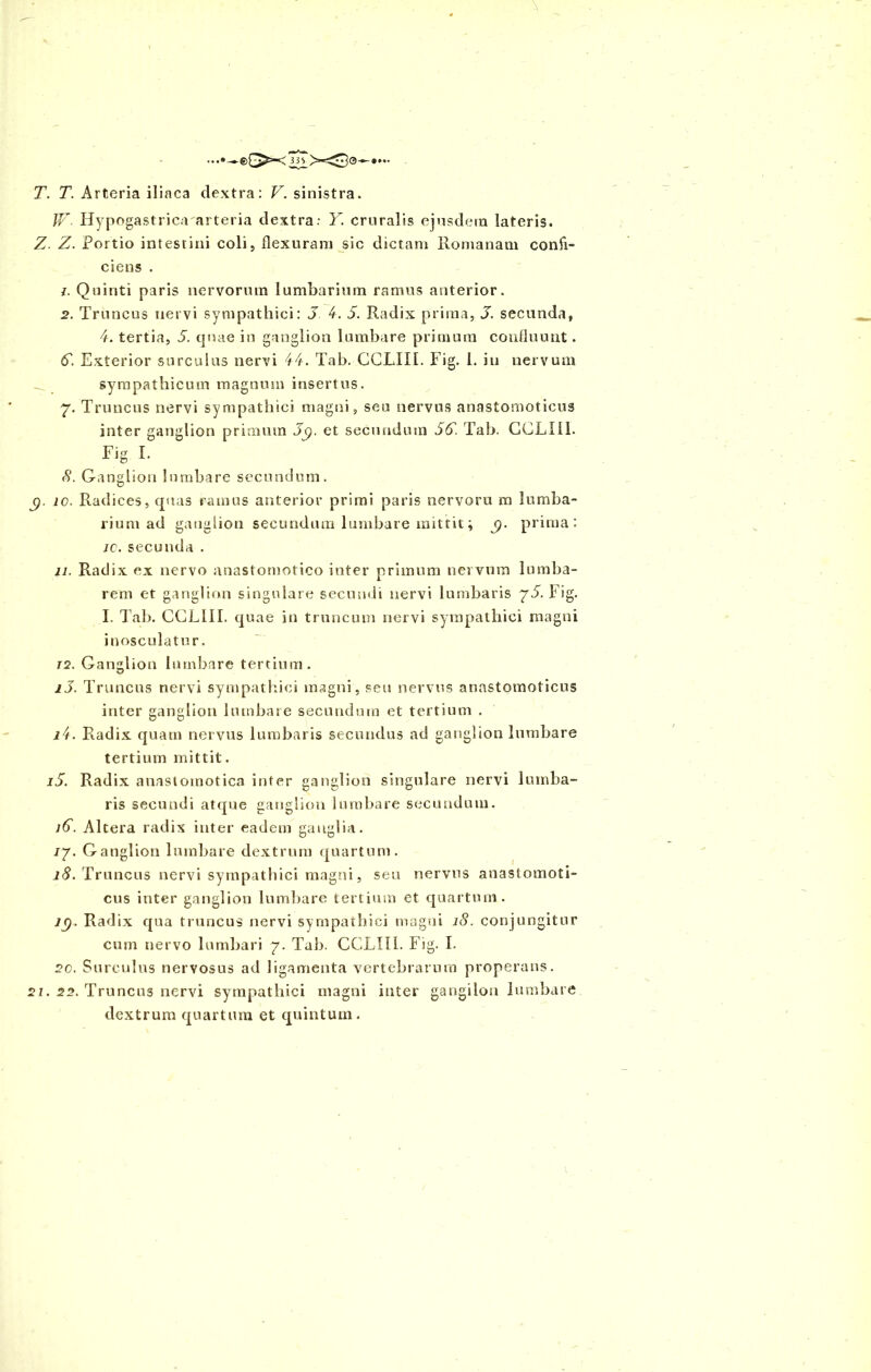 JV Hypogastrica arteria dextra: Y. cruralis ejusdem lateris. Z. Z. Portio intestini coli, flexuram sic dictam Romanam confi- ciens . z. Quinti paris nervorum lumbarium ramus anterior. 2. Truncus nervi sympathici: 5 4. 5. Radix prima, J. secunda, 4. tertia, 5. quae in ganglion lumbare primum confluunt. 6'. Exterior surculus nervi 4-4. Tab. CCLIII. Fig. I. in nervum sympathicum magnum insertus. 7. Truncus nervi sympathici magni, seu nervus anastomoticus inter ganglion primum J9. et secundum 56. Tab. CCLIII. ^ Fig I. 8. Ganglion lumbare secundum. jy 10. Radices, quas ramus anterior primi paris nervoru m lumba- rium ad ganglion secundum lumbare mittit; gy prima: jc. secunda . 11. Radix ex nervo anastomotico inter primum ner vum lumba- rem et ganglion singulare secundi nervi lumbaris 75. Fig. I. Tab. CCLIII. quae in truncum nervi sympathici magni inosculatur. T2. Ganglion lumbare tertium. 1.3. Truncus nervi sympathici magni, seu nervus anastomoticus inter ganglion lumbare secundum et tertium . i4. Radix quam nervus lumbaris secundus ad ganglion lumbare tertium mittit. i5. Radix anastomotica inter ganglion singulare nervi lumba- ris secundi atque ganglion lumbare secandum. 16. Altera radix inter eadem ganglia. /7. Ganglion lumbare dextrum quartum. 18. Truncus nervi sympathici magni, seu nervus anastomoti- cus inter ganglion lumbare tertium et quartum. lg. Radix qua truncus nervi sympathici magni 18. conjungitur cum nervo lumbari 7. Tab. CCLIII. Fig. I. 20. Surculus nervosus ad ligamenta vertebrarum properans. 21. 22. Truncus nervi sympathici magni inter gangilon lumbare dextrum quartum et quintum.