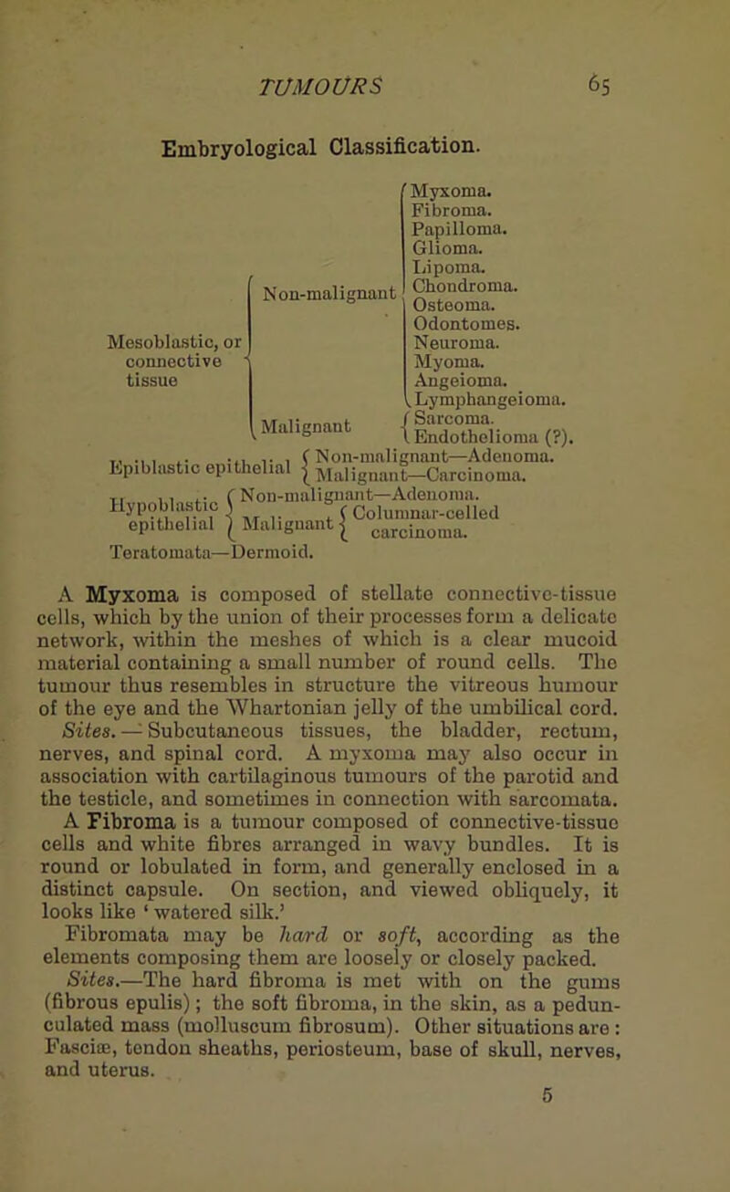 Embryological Classification. Non-malignant Myxoma. Fibroma. Papilloma. Glioma. Lipoma. Chondroma. Osteoma. Odontomes. Mesoblastic, or Neuroma, connective Myoma, tissue Angeioma. „ Lymphangeiomu. Malignant { |^C°t““jiotna (?)_ Lpiblastic epithelial ( Malignant-Carcinoma. T1 ,, .. (Non-malignant—Adenoma. Teratomata—Dermoid. carcinoma. A Myxoma is composed of stellate connective-tissue cells, which by the union of their processes form a delicate network, within the meshes of which is a clear mucoid material containing a small number of round cells. The tumour thus resembles in structure the vitreous humour of the eye and the Whartonian jelly of the umbilical cord. Sites. — Subcutaneous tissues, the bladder, rectum, nerves, and spinal cord. A myxoma may also occur in association with cartilaginous tumours of the parotid and the testicle, and sometimes in connection with sarcomata. A Fibroma is a tumour composed of connective-tissue cells and white fibres arranged in wavy bundles. It is round or lobulated in form, and generally enclosed in a distinct capsule. On section, and viewed obliquely, it looks like 1 watered silk.’ Fibromata may be hard or soft, according as the elements composing them are loosely or closely packed. Sites.—The hard fibroma is met with on the gums (fibrous epulis); the soft fibroma, in the skin, as a pedun- culated mass (molluscum fibrosum). Other situations are : Fasciae, tendon sheaths, periosteum, base of skull, nerves, and uterus. 5