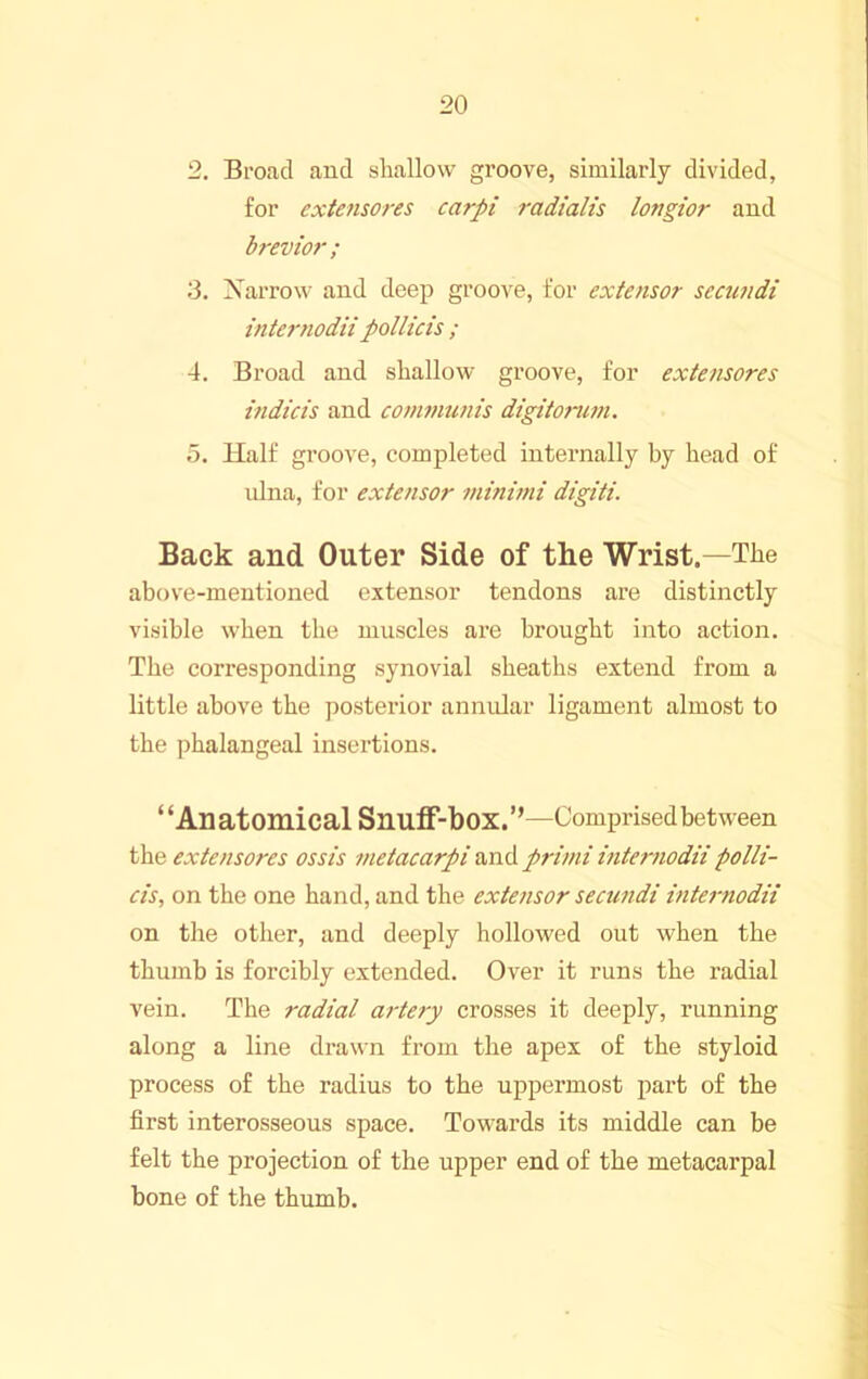 2. Broad and shallow groove, similarly divided, for extensores carpi radialis longior and brevior ; 3. Xarrow and deep groove, for extensor secundi internodii pollicis ; 4. Broad and shallow groove, for extensores indicts and communis digitorum. 5. Half groove, completed internally by head of ulna, for extensor minimi digiti. Back and Outer Side of the Wrist.—The above-mentioned extensor tendons are distinctly visible when the muscles are brought into action. The corresponding synovial sheaths extend from a little above the posterior annular ligament almost to the phalangeal insertions. “Anatomical Snuff-box.”—Comprised between the extensores ossis metacarpi and primi internodii polli- cis, on the one hand, and the extensor secundi internodii on the other, and deeply hollowed out when the thumb is forcibly extended. Over it runs the radial vein. The radial artery crosses it deeply, running along a line drawn from the apex of the styloid process of the radius to the uppermost part of the first interosseous space. Towards its middle can be felt the projection of the upper end of the metacarpal bone of the thumb.