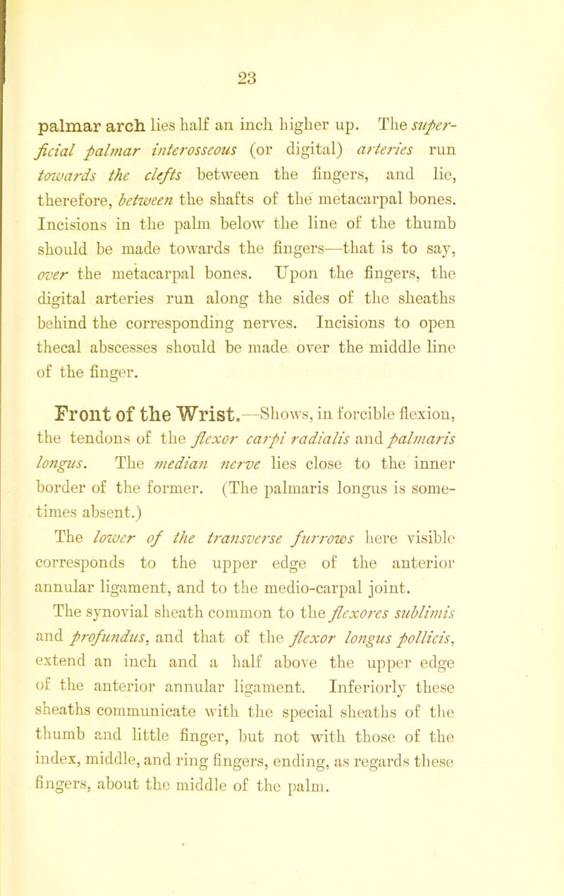 palmar arch lies half an inch higher up. The siiper- ficial palmar interosseous (or digital) artei'ies run taivards the clefts between the fingers, and lie, therefore, between the shafts of the metacarpal bones. Incisions in the palm below the line of the thumb should be made towards the fingers—that is to say, over the metacarpal hones. Upon the fingers, the dmital arteries run along the sides of the sheaths behind the corresponding nerves. Incisions to open thecal abscesses should be made over the middle line of the finger. Front of the Wrist .—Shows, in forcible flexion, the tendons of the flexor carpi radialis and palmaris lo7igus. The median nerve lies close to the inner border of the former. (The palmaris longus is some- times absent.) The lower of the t/'ansvase furrows here visible corresponds to the upper edge of the anterior annular ligament, and to the medio-carpal joint. The synovial sheath common to the flexorcs sublimis and profundus, and that of the flexor longus pollicis, extend an inch and a half above the upper edge of the anterior annular ligament. Interiorly these sheaths communicate with the special sheaths of the thumb and little finger, but not with those of the index, middle, and ring fingers, ending, as regards tliese fingers, about the middle of the palm.