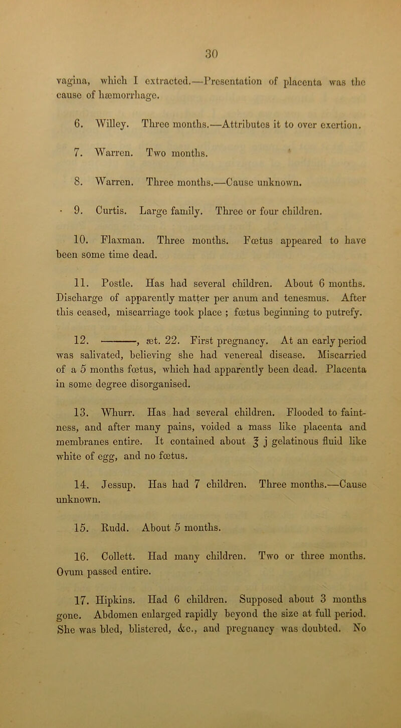 vagina, which I extracted.—Presentation of placenta was the cause of haemorrhage. 6. Willey. Three months.—Attributes it to over exertion. 7. Warren. Two months. 8. Warren. Three months.—Cause unknown. • 9. Curtis. Large family. Three or four children. 10. Flaxman. Three mouths. Foetus appeared to have been some time dead. 11. Postle. Has had several children. About 6 months. Discharge of apparently matter per anum and tenesmus. After this ceased, miscarriage took place ; foetus beginning to putrefy. 12. , set. 22. First pregnancy. At an early period was salivated, believing she had venereal disease. Miscarried of a 5 months foetus, which had apparently been dead. Placenta in some degree disorganised. 13. Whurr. Has had several children. Flooded to faint- ness, and after many pains, voided a mass like placenta and membranes entire. It contained about J j gelatinous fluid like white of egg, and no foetus. 14. Jessup. Has had 7 children. Three months.—Cause unknown. 15. Rudd. About 5 months. 16. Collett. Had many children. Two or three months. Ovum passed entire. 17. Ilipkins. Had 6 children. Supposed about 3 months gone. Abdomen enlarged rapidly beyond the size at full period. She was bled, blistered, &c., and pregnancy was doubted. No