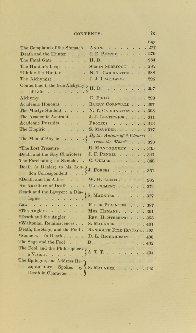 Page The Complaint of the Stomach Anon . 277 Death and the Hunter . . . J. F. Pennie .... The Fatal Gate . 284 The Hunter’s Leap . . . . Simon Surefoot . . . 285 •Childe the Hunter . . . . N. T. Carrington . . . 288 The Alchymist . 296 Contentment, the true Alchyiny of Life * H. D . 297 Alchymy . 299 Academic Honours .... Barry Cornwall . . . 307 The Martyr Student . . . . N. T. Carrington . . . 308 The Academic Aspirant . . . J. J. Leathwick . . . . 311 Academic Pursuits . . . . Proteus . 313 The Empiric The Men of Physic .... $ By the Author of “ Glances ^ from the Moon” . . . 320 •The Lost Treasure .... R. Montgomery . . . 335 Death and the Gay Charioteer. J. F. Pennie .... The Foreboding : a Sketch . . C. Ollier . 348 Death (a Dealer) to his Lon- don Correspondent . . . ^J. Forbes . 361 ♦Death and his Allies . . . W. H. Leeds .... An Auxiliary of Death . . . Hatchment .... Death and the Lawyer : a Dia- logue |s. Maunder .... . 377 Law Peter Plaintiff . . . 387 •The Angler ....... Mrs. Hemans .... . 391 •Death and the Angler . . . Rev. H. Stebbing . . . 393 ♦Waltonian Reminiscences . . S. Maunder .... Death, the Sage, and the Fool . Randolph Fitz-Eustace . 423 •Sonnets. To Death .... D. L. Richardson . . . 430 The Sage and the Fool . . . . 432 The Fool and the Philosopher : a Vision The Epilogue, and Address Re- > J A. T. T j . 434 capitulatory. Spoken by Death in Character . . . _] ^ S. Maunder . . . . 445