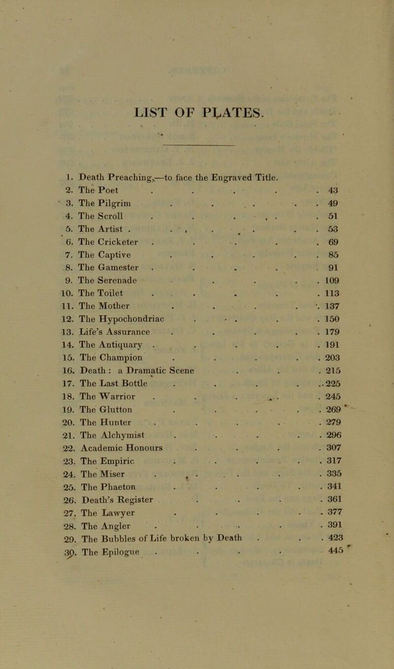 LIST OF PLATES. 1. Death Preaching,.—to face the Engraved Title. 2. The Poet . . . . .43 ' 3. The Pilgrim . . . . . 49 4. The Scroll . . . , . .51 5. The Artist . ... . . . 53 6. The Cricketer . . . . .69 7. The Captive . . . . . 85 8. The Gamester . . „ . .91 9. The Serenade . . . . 109 10. The Toilet ... . . .113 11. The Mother . . . \ 137 12. The Hypochondriac . • . . .150 13. Life’s Assurance . . . . . 179 14. The Antiquary . . . . .191 15. The Champion . . . . . 203 16. Death : a Dramatic Scene . . . 215 17. The Last Bottle . . . ..225 18. The Warrior . . . .. . . 245 19. The Glutton . . . . . 269 * 20. The Hunter . . . . .279 21. The Alchymist . . . . . 296 22. Academic Honours .... 307 23. The Empiric . . . . . 317 24. The Miser . , . . . . . 335 25. The Phaeton . . . . 341 26. Death’s Register .... 361 27. The Lawyer . . . ■ 377 28. The Angler ..... 391 29. The Bubbles of Life broken by Death . . . 423 ;ip. The Epilogue .... 445