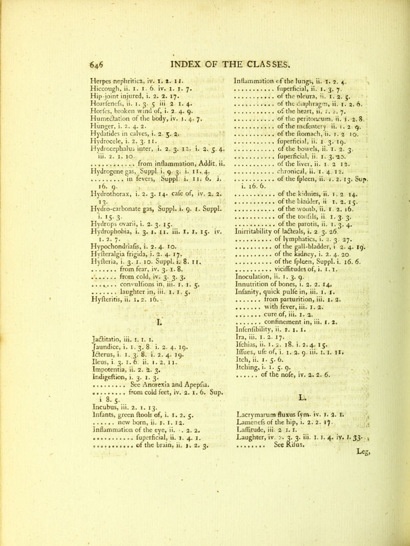 Herpes nephritica, iv. i. 2. M. Hiccough, ii. i. i. 6. iv. i. i. 7. Hip-joint injured, i. 2. 2. 17. Hoarfetiefs, ii. 1-3-5 iii 2- I. 4. Horfes, broken wind of, i. 2.4. 9. Humedtation of the body, iv. 1.4. 7. Hunger, i. 2. 4. 2. Hydatides in calves, i. 2- 5. 2- Hydrocele, i. 2. 3. 11. Hydrocephalus inter, i. 2. 3. 12. i. 2. 5 4. iii. 2. 1. 10. from inflammation, Addit. ii. Hydrogene gas, Suppl. i. 9. 3. i. ix. 4. in fevers, Suppl. i. 11. 6. i. 16. 9. Hydrothorax, i. 2. 3. 14. cafe of, iv. 2. 2. 13. Hydro-carbonate gas, Suppl. i. 9. x. Suppl. »• 15- 3- Hydrops ovarii, i. 2- 3. 15. Hydrophobia, i. 3. 1. 11. iii. I. 1. 15. iv. 1. 2. 7. Hypochondriafis, i. 2.4. 10. Hyfteralgia frigida, i. 2. 4. 17. Hyfleria, i. 3. i. 10. Suppl. i. 8. 11. from fear, iv. 3. 1.8. from cold, iv. 3. 3. 3. ,.. v .. convulfions in, iii. 1. 1. 3. laughter in, iii. 1.1.5. Hyfteritis, ii. 1, 2. 16. I. jadlitatio, iii. 1. 1. 1. Jaundice, i. 1. 3. 8. i. 2. 4. 19. Idlerus, i. 1.3. 8. i. 2. 4. 19. Ileus, i. 3. 1. 6. ii. 1. 2. 11. Impotentia, ii. 2. 2. 3. Indigeftion, i. 3. 1. 3. See Anorexia and Apepfia. • from cold feet, iv. 2. 1. 6. Sup. i 8. 5. Incubus, iii. 2. 1. 13. Infants, green {tools of, i. 1.2. 5. new born, ii. j. 1. 12. Inflammation of the eye, ii. •. 2. 2. fuperficial, ii. 1. 4. 1. of the brain, ii. j. 2.3, Inflammation of the lungs, ii. 1. 2. 4, fuperficial, ii. 1. 3. 7. of the Dleura, ii. 1. 2. 5. of the diaphragm, ii. 1. 2. 6. of the heart, ii. 1. 2. 7. of the peritoneum, ii. 1. 2. 8. of the mefentery. ii. 1. 2. 9. ....'. of the ftomach, ii. 1.3 10. fuperficial, ii. 1 3. 19. of the bowels, ii. 1. 2. 3. fuperficial, ii. 1. 3<120. of the liver, ii. 1. 2 12. chronical, ii. 1. 4. 12. of the fpleen, ii. i. 2. 13. Sup. i. 16. 6. of the kidnies, ii. 1.2. 14. of the bladder, ii 1. 2. 15. . . of the vyomb, ii. 1 2. 16. of the tonfils, ii. 1. 3. 3. of the parotis, ii. 1. 3. 4. Inirritability of ladteals, i. 2. 3. 26. of lymphatics, i. 2. 3. 27. of the gall-bladder, i 2. 4. 19. of the kidney, i. 2. 4. 20 of the fpleen, Suppl. i. 16. 6. viciflitudes of, i. 1. 1. Inoculation, ii. 1. 3. g. Innutrition of bones, i. 2. 2. 14. Infanity, quick pulfe in, iii. 1. 1. from parturition, iii. 1.2. with fever, iii. 1. 2. cure of, iii. 1. 2. confinement in, iii. 1. 2. Infenfibility, ii. 2. 1. 1. Ira, iii. 1. 2. 17. Ifchias, ii. 1. 2. 18. i. 2.4. 15. Iffues, ufe of, i. x. 2. 9. iii. 1. I. II. Itch, ii. 1. 5. 6. Itching, i. 1. 5. 9. of the nofe, iv. 2. 2. 6. L. Lacrymarum fluxus fym. iv. r. 2. f. Lamenefsof the hip, i. 2. 2. 17 Laflitude, iii- 2 1. 1. Laughter, iv. 2. 3. 3. iii. I. I. 4. iv. I. 33- ^ See Rifus.