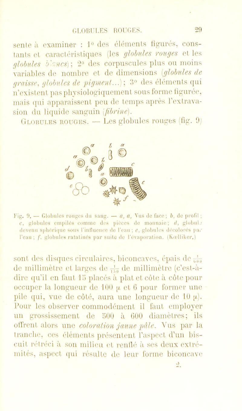 senle à examiner : 1° des éléments ligures, cons- tants et caractéristiques (les globules rouges et les globules b'vies) ; 2° des corpuscules plus ou moins variables de nombre et de dimensions (globules de graisse, globules de jngmenl...)', 3° des éléments qui n’existent pas physiologiquement sous forme figurée, mais qui apparaissent peu de temps après l’extrava- sion du liquide sanguin {fibrine). Globules rouges. — Les globules rouges (fig. 9) Fig. 9. — Globules rouges du sang. — a, a, Vus de face; b, de profil ; C, globules empilés comme des pièces do monnaie; d, global j devenu sphérique sous l’influence de l’eau ; c, globules décolorés par l’eau ; f. globules ratatinés par suite de l’évaporation. (Kœllikcr.) sont des disques circulaires, biconcaves, épais de ^ de millimètre et larges de de millimètre (c’est-a- dire qu’il en faut la placés à plat et côte à côte pour occuper la longueur de 1 OU g et G pour former une pile qui, vue de côté, aura une longueur de 10 g). Pour les observer commodément il faut employer un grossissement de 500 à GÙO diamètres; ils offrent alors une coloration jaune gale. Vus par la tranche, ces éléments présentent l’aspect d’un bis- cuit rétréci à son milieu et renüé à ses deux extré- mités, aspect qui résulte de leur forme biconcave