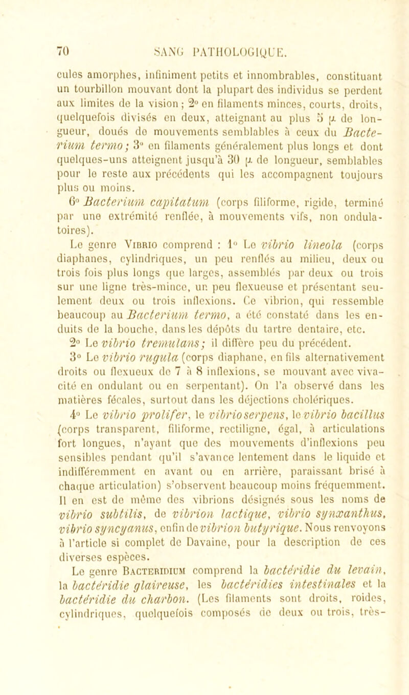 cules amorphes, infiniment petits et innombrables, constituant un tourbillon mouvant dont la plupart des individus se perdent aux limites de la vision; 2° en filaments minces, courts, droits, quelquefois divisés en deux, atteignant au plus 5 [x de lon- gueur, doués do mouvements semblables à ceux du Bacte- rium termo; 3“ on filaments généralement plus longs et dont quelques-uns atteignent jusqu’à 30 p. de longueur, semblables pour le reste aux précédents qui les accompagnent toujours plus ou moins. 6 Bactenum capitatum (corps filiforme, rigide, terminé par une extrémité renfiée, à mouvements vifs, non ondula- toires). Le genre Vibrio comprend : 1° Lo vibrio lineola (corps diaphanes, cylindriques, un peu renflés au milieu, deux ou trois fois plus longs que larges, assemblés par deux ou trois sur une ligne très-mince, ur. peu llexueuse et présentant seu- lement deux ou trois inflexions. Ce vibrion, qui ressemble beaucoup au Bacterium termo, a été constaté dans les en- duits de la bouche, dans les dépôts du tartre dentaire, etc. 2° Le vibrio tremulans; il diffère peu du précédent. 3° Le vibrio rugula (corps diaphane, en fils alternativement droits ou fiexuoux do 7 à 8 inflexions, se mouvant avec viva- cité en ondulant ou en serpentant). On l’a observé dans les matières fécales, surtout dans les déjections cholériques. 4° Le vibrio prolifer, le vibrio serpens, lo vibrio bacillus (corps transparent, filiforme, rectiligne, égal, à articulations fort longues, n’ayant que des mouvements d’inflexions pou sensibles pendant qu’il s’avance lentement dans le liquido et indifféremment en avant ou en arrière, paraissant brisé à chaque articulation) s’observent beaucoup moins fréquemment. 11 en est do mémo des vibrions désignés sous les noms de vibrio subtilis, de vibrion lactique, vibrio synxanthus, vibrio syncyanus, enfin do vibrion butyrique. Nous renvoyons à l’article si complet de Davaine, pour la description de ces diverses espèces. Le genre Bacteridium comprend la bactéridie du levain, la bactéridie glaireuse, les bactéridies intestinales et la bactéridie du charbon. (Les filaments sont droits, roides, cylindriques, quelquefois composés de deux ou trois, très-