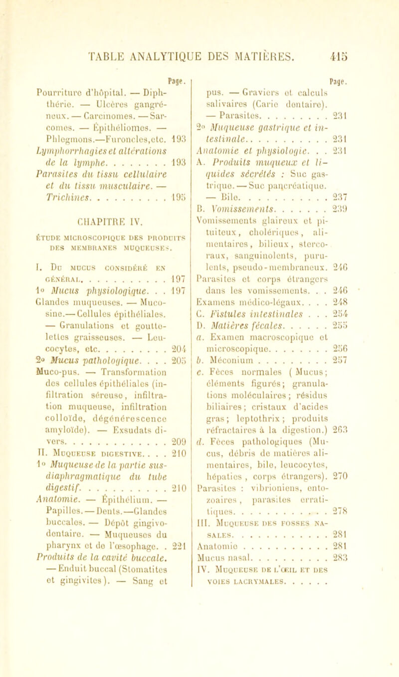 Page. Pourriture d'hôpital. — Dipli- thério. — Ulcères gangré- neux. — Carcinomes. —Sar- comes. — Épithéliomos. — Phlogmons.—Furoncles, etc. 193 Lymphorrhagies et altérations de la lymphe 193 Parasites du tissu cellulaire et du tissu musculaire. — Trichines 195 CHAPITRE IV. ÉTUDE MICllOSCOPIQUE DES PnODülTS DES MEMBRANES MUQUEUSE-, I. Du MUCUS CONSIDÉRÉ EN GÉNÉRAI 197 1° Mucus physiologique. . . 197 Glandes muqueuses. — Mueo- sine.— Cellules épithéliales. — Granulations et goutte- lettes graisseuses. — Leu- cocytes, etc 204 2» Mucus pathologique. . . . 205 Muco-pus. — Transformation dos cellules épithéliales (in- filtration séreuse, infiltra- tion muqueuse, infiltration colloïdo, dégénérescence amyloïde). — Exsudats di- vers 209 II. Muqueuse digestive. . . . 210 1° Muqueuse de la partie sus- diaphragmatique du tube digestif. 210 Anatomie. — Épithélium. — Papilles. — Dents.—Glandes buccalos. — Dépôt gingivo- dentairo. — Muqucusos du pharynx ot do l’œsophage. . 221 Produits de la cavité buccale. — Enduit buccal (Stomatites ot gingivites). — Sang et Page. pus. — Graviers et calculs salivaires (Carie dentaire). — Parasites 231 2» Muqueuse gastrique et in- testinale 231 Anatomie et physiologie. . . 231 A. Produits muqueux et li- quides sécrétés : Suc gas- trique.— Suc pancréatique. — Bile 237 B. Vomissements 239 Vomissements glaireux et pi- tuiteux , cholériques, ali- mentaires, bilieux, storco- raux, sanguinolents, puru- lents, pseudo-membraneux. 240 Parasites et corps étrangers dans les vomissements. . . 240 Examens médico-légaux. . . . 248 C. Fistules intestinales . . . 234 D. Matières fécales 255 fl. Examen macroscopique ot microscopique 250 b. Méconium 257 e. Fècos normales (Mucus; éléments figurés; granula- tions moléculaires ; résidus biliaires ; cristaux d'acides gras ; leptothrix ; produits réfractaires à la digostion.) 203 d. Fècos pathologiques (Mu- cus, débris de matières ali- mentaires, bile, leucocytes, hépaties , corps étrangers). 270 Parasites : vi brionions , onto- zoairos, pj iras;tes orrali- tiques. . . 278 III. Muqueuse DES FOSSES NA- SALES. . . . 281 Anatomio . . 281 Mucus nasal. IV. Muqueuse DE L’ŒIL ET DES VOIES LACRYMALES.