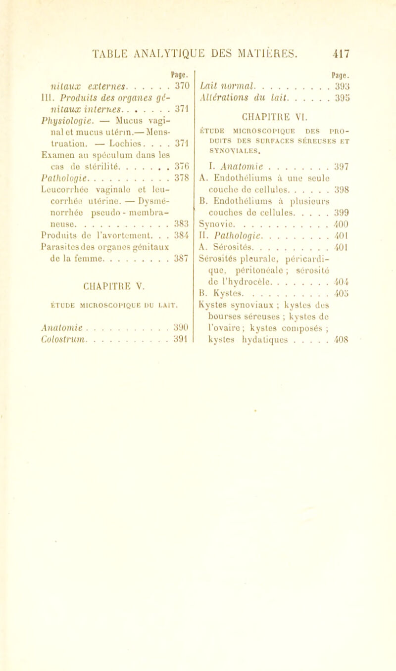 Page. nitaux externes 370 III. Produits des organes gé- nitaux internes 371 Physiologie. — Mucus vagi- nal et mucus utérin.— Mens- truation. — Lochios. . . . 371 Examen au spéculum clans les cas de stérilité 376 Pathologie 378 Leucorrhée vaginale et leu- corrhée utérine. — Dysmé- norrhée pseudo - membra- neuse 383 Produits de l’avortement. . . 384 Parasites des organes génitaux de la femme 387 CHAPITRE V. ÉTUDE MICROSCOPIQUE DU LAIT. Anatomie 390 Colostrum 391 Page. hait normal 393 Altérations du lait 395 CHAPITRE VI. ÉTUDE MICROSCOPIQUE DES PRO- DUITS DES SURFACES SÉREUSES ET SYNOVIALES. I. Anatomie 397 A. Endothéliums à une seule couche do collulos 398 B. Endothéliums à plusieurs couches do cellules 399 Synovie 400 II. Pathologie 401 A. Sérosités 401 Sérosités pleurale, péricardi- que, péritonéale; sérosité do l'hydrocèle 404 B. Kystes 405 Kystes synoviaux ; kystes des bourses séreuses ; kystes do l’ovaire ; kystos composés ; kystes hydatiques 408