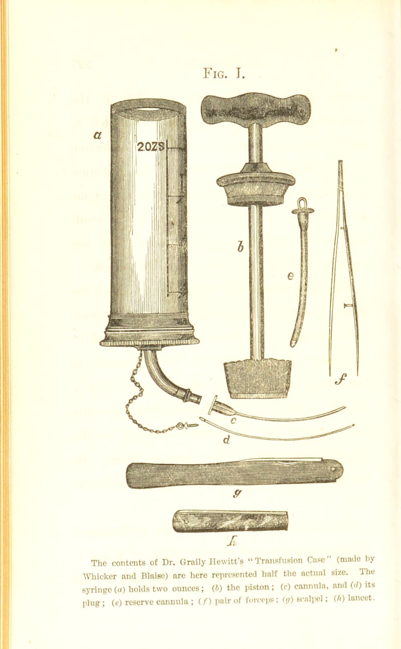 I The contents of Dr. Graily Hewitt’s “ Transfusion Case ” (made by Whicker and Blaise) are here represented half the actual size. The syringe (a) holds two ounces; (ft) the piston ; (c) cannula, and (d) its plug; (e) reserve cannula; (/) pair of forceps; (?) scalpel; (ft) lancet.