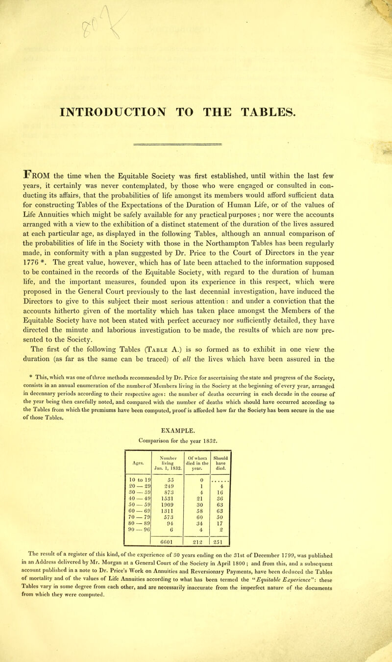 INTRODUCTION TO THE TABLES From the time when the Equitable Society was first established, until within the last few years, it certainly was never contemplated, by those who were engaged or consulted in con- ducting its affairs, that the probabilities of life amongst its members would afford sufficient data for constructing Tables of the Expectations of the Duration of Human Life, or of the values of Life Annuities which might be safely available for any practical purposes; nor were the accounts arranged with a view to the exhibition of a distinct statement of the duration of the lives assured at each particular age, as displayed in the following Tables, although an annual comparison of the probabilities of life in the Society with those in the Northampton Tables has been regularly made, in conformity with a plan suggested by Dr. Price to the Court of Directors in the year 1776 *. The great value, however, which has of late been attached to the information supposed to be contained in the records of the Equitable Society, with regard to the duration of human life, and the important measures, founded upon its experience in this respect, which were proposed in the General Court previously to the last decennial investigation, have induced the Directors to give to this subject their most serious attention: and under a conviction that the accounts hitherto given of the mortality which has taken place amongst the Members of the Equitable Society have not been stated with perfect accuracy nor sufficiently detailed, they have directed the minute and laborious investigation to be made, the results of which are now pre- sented to the Society. The first of the following Tables (Table A.) is so formed as to exhibit in one view the duration (as far as the same can be traced) of all the lives which have been assured in the * This, which was one of three methods recommended by Dr. Price for ascertaining the state and progress of the Society, consists in an annual enumeration of the number of Members living in the Society at the beginning of every year, arranged in decennary periods according to their respective ages: the number of deaths occurring in each decade in the course of the year being then carefully noted, and compared with the number of deaths which should have occurred according to the Tables from which the premiums have been computed, proof is afforded how far the Society has been secure in the use of those Tables. EXAMPLE. Comparison for the year 1832. Ages. Number living Jan. 1, 1832. Of whom died in the year. Should have died. 10 to 19 55 0 20 — 29 249 1 4 30 — 39 873 4 16 40 — 49 1531 21 36 50 — 59 1909 30 63 60 — 69 1311 58 63 70 — 79 573 60 50 80 — 89 94 34 17 90 — 96 6 4 2 6601 212 251 Ihe result of a register of this kind, of the experience of 30 years ending on the 31st of December 1799, was published in an Address delivered by Mr. Morgan at a General Court of the Society in April 1800 ; and from this, and a subsequent account published in a note to Dr. Price’s Work on Annuities and Reversionary Payments, have been deduced the Tables of mortality and of the values of Life Annuities according to what has been termed the “Equitable Experience: these lables vary in some degree from each other, and are necessarily inaccurate from the imperfect nature of the documents from which they were computed.