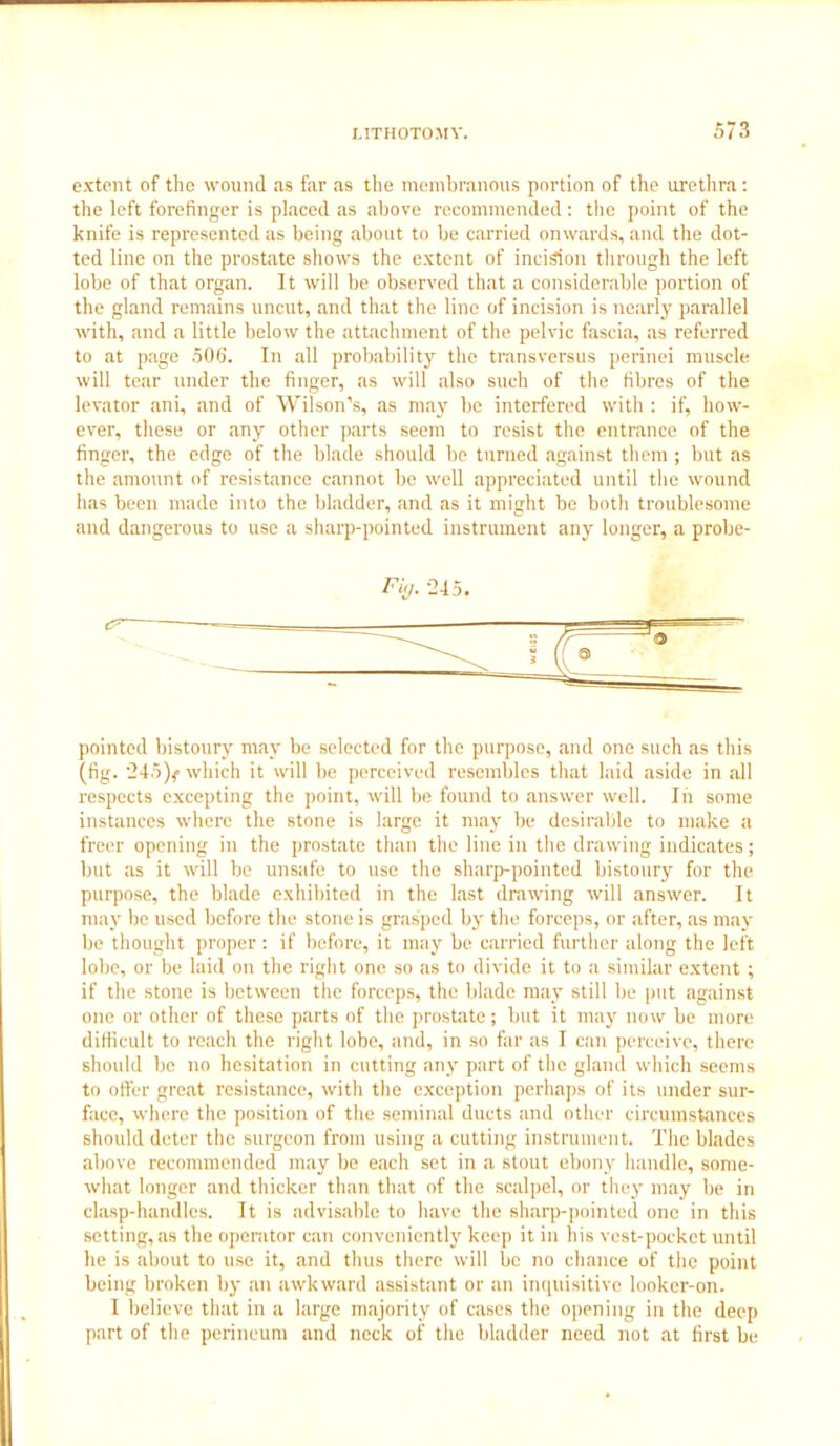 extent of the wound as far as the membranous portion of the urethra: the left forefinger is placed as above recommended : the point of the knife is represented as being about to be carried onwards, and the dot- ted line on the prostate shows the extent of incision through the left lobe of that organ. It will be observed that a considerable portion of the gland remains uncut, and that the line of incision is nearly parallel with, and a little below the attachment of the pelvic fascia, as referred to at page 506. In all probability the transversus perinei muscle will tear under the finger, as will also such of the fibres of the levator ani, and of Wilson’s, as may he interfered with : if, how- ever, these or any other parts seem to resist the entrance of the finger, the edge of the blade should be turned against them ; but as the amount of resistance cannot be well appreciated until the wound has been made into the bladder, and as it might be both troublesome and dangerous to use a sharp-pointed instrument any longer, a probe- Fuj. 245. pointed bistoury may be selected for the purpose, and one such as this (fig. 245)^ which it will be perceived resembles that laid aside in all respects excepting the point, will be found to answer well. In some instances where the stone is large it may be desirable to make a freer opening in the prostate than the line in the drawing indicates; but as it will be unsafe to use the sharp-pointed bistoury for the purpose, the blade exhibited in the last drawing will answer. It may be used before the stone is grasped by the forceps, or after, as may be thought proper : if before, it may be carried further along the left lobe, or be laid on the right one so as to divide it to a similar extent ; if the stone is between the forceps, the blade may still be put against one or other of these parts of the prostate; but it may now be more difficult to reach the right lobe, and, in so far as I can perceive, there shoidd he no hesitation in cutting any part of the gland which seems to offer great resistance, with the exception perhaps of its under sur- face, where the position of the seminal ducts and other circumstances should deter the surgeon from using a cutting instrument. The blades above recommended may be each set in a stout ebony handle, some- what longer and thicker than that of the scalpel, or they may be in clasp-handles. It is advisable to have the sharp-pointed one in this setting, as the operator can conveniently keep it in his vest-pocket until he is about to use it, and thus there will be no chance of the point being broken by an awkward assistant or an inquisitive looker-on. I believe that in a large majority of cases the opening in the deep part of the perineum and neck of the bladder need not at first be