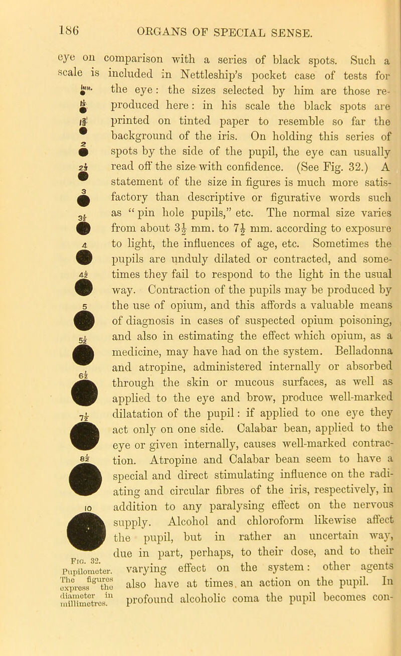 Is \i 23 3i 45 eye on comparison with a series of black spots. Such a scale is included in Nettleship’s pocket case of tests for #M‘ the eye: the sizes selected by him are those re- produced here: in his scale the black spots are printed on tinted paper to resemble so far the background of the iris. On holding this series of spots by the side of the pupil, the eye can usually read off the size with confidence. (See Fig. 32.) A statement of the size in figures is much more satis- factory than descriptive or figurative words such as “ pin hole pupils,” etc. The normal size varies from about 3| mm. to 7J mm. according to exposure to light, the influences of age, etc. Sometimes the pupils are unduly dilated or contracted, and some- times they fail to respond to the light in the usual way. Contraction of the pupils may be produced by the use of opium, and this affords a valuable means of diagnosis in cases of suspected opium poisoning, and also in estimating the effect which opium, as a medicine, may have had on the system. Belladonna and atropine, administered internally or absorbed through the skin or mucous surfaces, as well as applied to the eye and brow, produce well-marked dilatation of the pupil: if applied to one eye they act only on one side. Calabar bean, applied to the eye or given internally, causes well-marked contrac- tion. Atropine and Calabar bean seem to have a special and direct stimulating influence on the radi- ating and circular fibres of the iris, respectively, in addition to any paralysing effect on the nervous supply. Alcohol and chloroform likewise affect the pupil, but in rather an uncertain way, due in part, perhaps, to their dose, and to their KlG. 3‘J, xxx Pupiiomo'ter. varying effect on the system: other agents uxpressfigUtho also have at times. an action on the pupil. In milVimetres!11 profound alcoholic coma the pupil becomes con- si 75 85 10