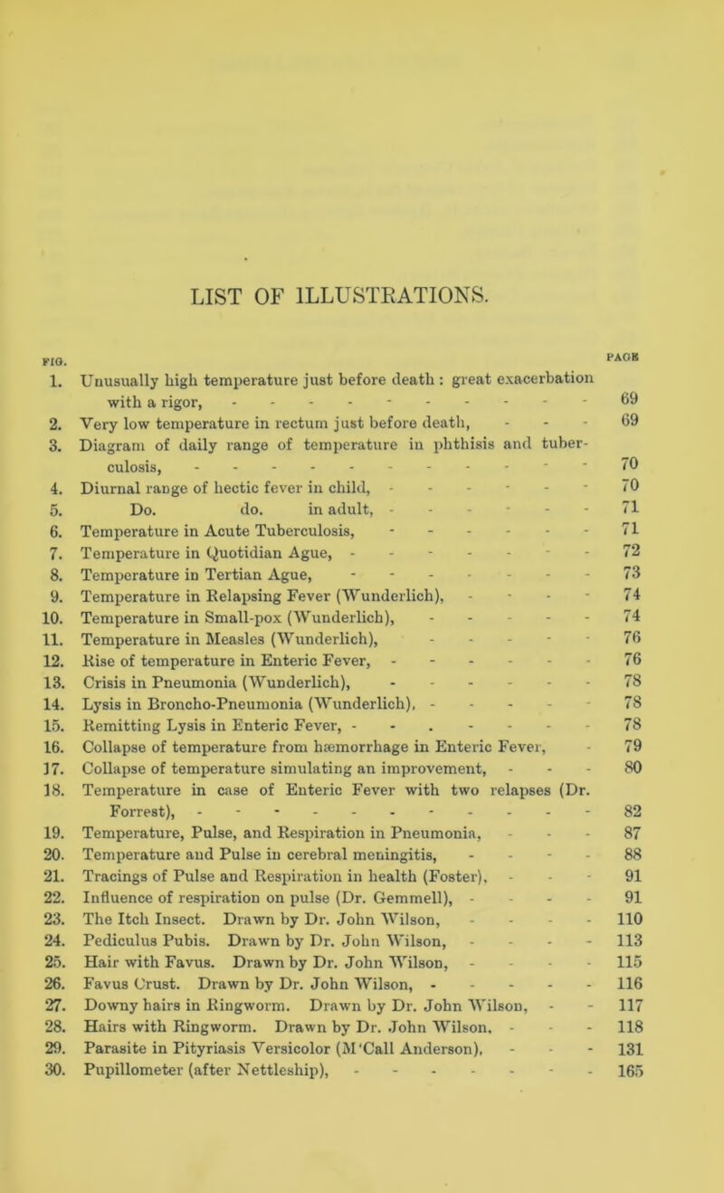 KIO. PAOK 1. Unusually high temperature just before death : great exacerbation with a rigor, 69 2. Very low temperature in rectum just before death, - - - 69 3. Diagram of daily range of temperature in phthisis and tuber- culosis, - •  70 4. Diurnal range of hectic fever in child, ------ 70 5. Do. do. in adult, ------ 71 6. Temperature in Acute Tuberculosis, 71 7. Temperature in Quotidian Ague, ------- 72 8. Temperature in Tertian Ague, - 73 9. Temperature in Relapsing Fever (Wunderlich), - - - - 74 10. Temperature in Small-pox (Wunderlich), 74 11. Temperature in Measles (Wunderlich), ----- 76 12. Rise of temperature in Enteric Fever, 76 13. Crisis in Pneumonia (Wunderlich), 78 14. Lysis in Broncho-Pneumonia (Wunderlich), ----- 78 15. Remitting Lysis in Enteric Fever, - - . - - - 78 16. Collapse of temperature from hemorrhage in Enteric Fever, 79 17. Collapse of temperature simulating an improvement, 80 18. Temperature in case of Enteric Fever with two relapses (Dr. Forrest), - -- -- -- -- --82 19. Temperature, Pulse, and Respiration in Pneumonia, 87 20. Temperature and Pulse in cerebral meningitis, 88 21. Tracings of Pulse and Respiration in health (Foster). 91 22. Influence of respiration on pulse (Dr. Gemmell), 91 23. The Itch Insect. Drawn by Dr. John Wilson, - - - 110 24. Pediculus Pubis. Drawn by Dr. John Wilson, ... - 113 25. Hair with Favus. Drawn by Dr. John Wilson, - - - - 115 26. Favus Crust. Drawn by Dr. John Wilson, 116 27. Downy hairs in Ringworm. Drawn by Dr. John WilsoD, - - 117 28. Hairs with Ringworm. Drawn by Dr. John Wilson. - - - 118 29. Parasite in Pityriasis Versicolor (M'Call Anderson), - - - 131 30. Pupillometer (after Nettleship), - - 165