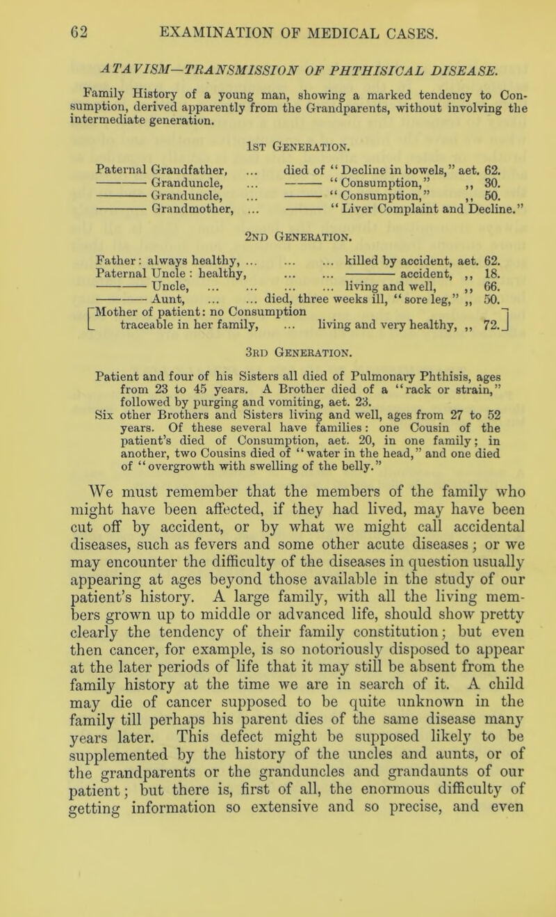 ATAVISM—TRANSMISSION OF PHTHISICAL DISEASE. Family History of a young man, showing a marked tendency to Con- sumption, derived apparently from the Grandparents, without involving the intermediate generation. 1st Generation. Paternal Grandfather, Granduncle, Granduncle, Grandmother, died of “ Decline in bowels,” aet. 62. “Consumption,” ,, 30. “Consumption,” ,, 50. “ Liver Complaint and Decline.” 2nd Generation. Father: always healthy, killed by accident, aet. 62. Paternal Uncle : healthy, accident, ,, 18. Uncle, living and well, ,, 66. Aunt died, three weeks ill, “soreleg,” „ 50. [“Mother of patient: no Consumption L traceable in her family, ... living and very healthy, „ 72. J 3rd Generation. Patient and four of his Sisters all died of Pulmonary Phthisis, ages from 23 to 45 years. A Brother died of a “rack or strain,” followed by purging and vomiting, aet. 23. Six other Brothers and Sisters living and well, ages from 27 to 52 years. Of these several have families: one Cousin of the patient’s died of Consumption, aet. 20, in one family; in another, two Cousins died of “water in the head,” and one died of “overgrowth with swelling of the belly.” We must remember that the members of the family who might have been affected, if they had lived, may have been cut off by accident, or by what we might call accidental diseases, such as fevers and some other acute diseases; or we may encounter the difficulty of the diseases in question usually appearing at ages beyond those available in the study of our patient’s history. A large family, with all the living mem- bers grown up to middle or advanced life, should show pretty clearly the tendency of their family constitution; but even then cancer, for example, is so notoriously disposed to appear at the later periods of life that it may still be absent from the family history at the time we are in search of it. A child may die of cancer supposed to be quite unknown in the family till perhaps his parent dies of the same disease many years later. This defect might be supposed likely to be supplemented by the history of the uncles and aunts, or of the grandparents or the granduncles and grandaunts of our patient; but there is, first of all, the enormous difficulty of getting information so extensive and so precise, and even