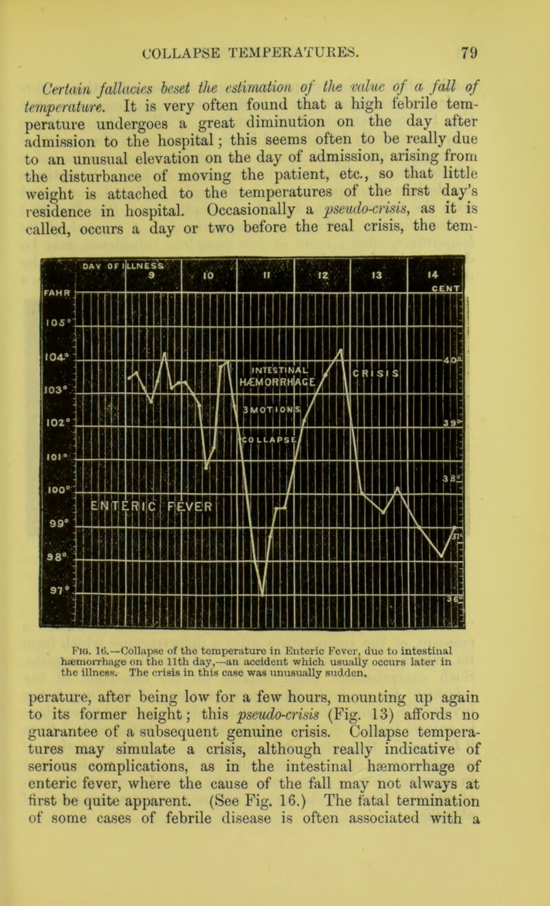 Certain, falludes beset the estimation of the value of a fall of temperature. It is very often found that a high febrile tem- perature undergoes a great diminution on the day after admission to the hospital; this seems often to be really due to an unusual elevation on the day of admission, arising from the disturbance of moving the patient, etc., so that little weight is attached to the temperatures ol the first day s residence in hospital. Occasionally a pseudo-crisis, as it is called, occurs a day or two before the real crisis, the tem- Fio. 16.—Collapse of the tomperaturo in Enteric Fever, due to intestinal hemorrhage on the 11th day,—an accident which usually occurs later in the illness. The crisis in this case was unusually sudden. perature, after being low for a few hours, mounting up again to its former height; this pseudo-crisis (Fig. 13) affords no guarantee of a subsequent genuine crisis. Collapse tempera- tures may simulate a crisis, although really indicative of serious complications, as in the intestinal haemorrhage of enteric fever, where the cause of the fall may not always at first be quite apparent. (See Fig. 16.) The fatal termination of some cases of febrile disease is often associated with a