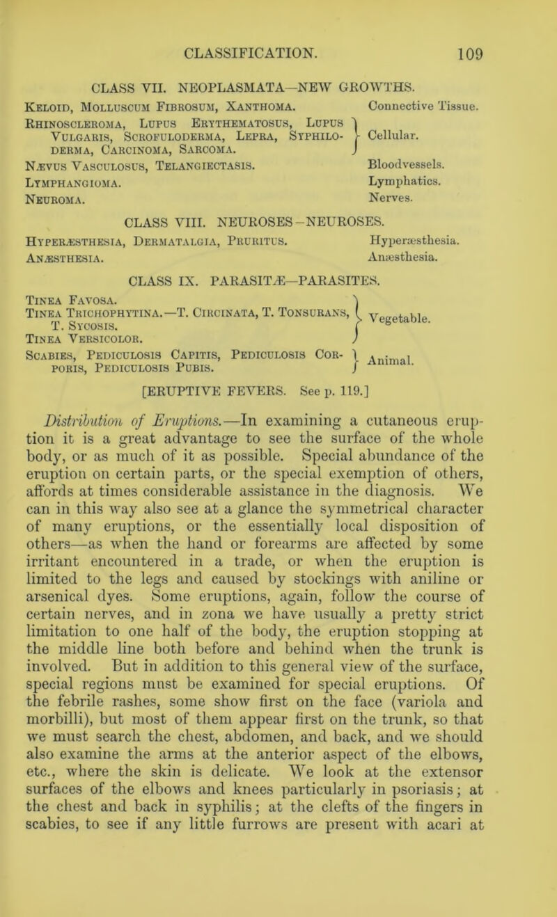CLASS VII. NEOPLASM AT A—NEW GROWTHS. Keloid, Molluscum Fibrosum, Xanthoma. Connective Tissue. Rhinoscleroma, Lupus Erythematosus, Lupus I Vulgaris, Scrofuloderma, Lepra, Syphilo- J- Cellular. derma, Carcinoma, Sarcoma. J N.evus Vasculosus, Telangiectasis. Bloodvessels. Lymphangioma. Lymphatics. Neuroma. Nerves. CLASS VIII. NEUROSES-NEUROSES. HYPER.ESTHESIA, Dermatalgia, Pruritus. Hyperesthesia. Anesthesia. Anaesthesia. CLASS IX. PARASITE—PARASITES. Tinea Favosa. Tinea Trichophytina.—T. Circinata, T. Tonsurans, T. Sycosis. Tinea Versicolor. Scabies, Pediculosis Capitis, Pediculosis Cor- poris, Pediculosis Pubis. [ERUPTIVE FEVERS. See p. 119.] Distribution of Eruptions.—In examining a cutaneous erup- tion it is a great advantage to see the surface of the whole body, or as much of it as possible. Special abundance of the eruption on certain parts, or the special exemption of others, affords at times considerable assistance in the diagnosis. We can in this way also see at a glance the symmetrical character of many eruptions, or the essentially local disposition of others—as when the hand or forearms are affected by some irritant encountered in a trade, or when the eruption is limited to the legs and caused by stockings with aniline or arsenical dyes. Some eruptions, again, follow the course of certain nerves, and in zona we have usually a pretty strict limitation to one half of the body, the eruption stojiping at the middle line both before and behind when the trunk is involved. But in addition to this general view of the surface, special regions must be examined for special eruptions. Of the febrile rashes, some show first on the face (variola and morbilli), but most of them appear first on the trunk, so that we must search the chest, abdomen, and back, and we should also examine the arms at the anterior aspect of the elbows, etc., where the skin is delicate. We look at the extensor surfaces of the elbows and knees particularly in psoriasis; at the chest and back in syphilis; at the clefts of the fingers in scabies, to see if any little furrows are present with acari at Vegetable. | Animal.