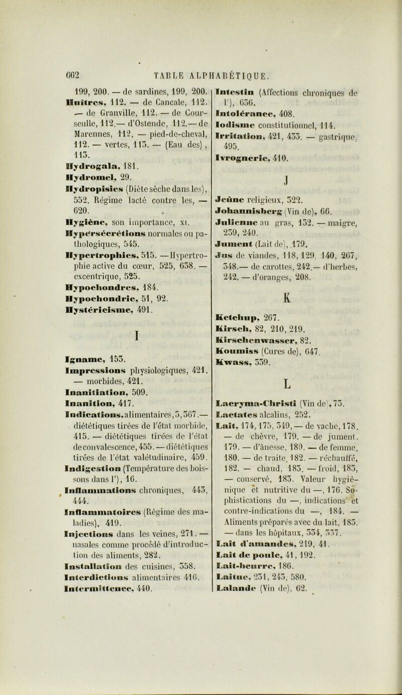 199, 200. — de sardines, 199, 200. lliiitrcs, 112. — de Cancale, 112. — de Granville, 112. — de Cour- seulle, 112.— d’Oslende, 112.— de Marennes, 112. — pied-de-cheval, 112. — vertes, 11j. — (Eau des) , 113. flfydrogala, 181. Hydromel, 29. Ilydropisies (Diète sèche dans les), 552. Régime lacté contre les, — 020. Hy giëne, son importance, xi. Hypersécrétions normales ou pa- thologiques, 545. Hypertrophies, 515. —Hypertro- phie active du cœur, 525, 058.— excentrique, 525. Hypochondres, 184. Hypochondrie, 51, 92. Hystéricisme, 491. I Igname, 155. Impressions physiologiques, 421. — morbides, 421. Inanitiation, 509. Inanition, 417. Indications, alimentaires, 5,507.— diététiques tirées de l’état morbide, 415. — diététiques tirées de l’état de convalescence, 455. — diététiques tirées de l’état valétudinaire, 459. Indigestion (Température des bois- sons dans 1’), 10. Inflammations chroniques, 445, 444. Inflammatoires (Régime des ma- ladies), 419. Injections dans les veines, 271. — nasales comme procédé d’introduc- tion des aliments, 282. iBistallatlon des cuisines, 558. Interdictions alimentaires 410. Intermittence, 440. Intestin (Affections chroniques de 1’), 050. Intolérance, 408. Iodisme constitutionnel, 114. Irritation, 421, 455. — gastrique, 495. Ivrognerie, 410. J Jeûne religieux, 522. Johannisberg (Vin de), 00. Julienne au gras, 152. — maigre, 259, 240. Jument (Lait de), ,179. Jus de viandes, Tl S, 129. 140, 207, 548.— de carottes, 242.— d’herbes, 242. — d’oranges, 208. K Ketchup, 207. Kirsch, 82, 210, 219. Kirschenwasser, 82, Koumiss (Cures de), 047. Kwass, 559. L Lacryma-Christi (Vin de). 75. L,actates alcalins, 252. Lait. 174,175, 549, — de vache, 178. — de chèvre, 179.—de jument. 179. — d’ànesse, 180. — de femme, 180, — de traite, 182. — réchaulfé, 182. - chaud, 185. —froid, 185, — conservé, 185. Valeur hygié- nique et nutritive du—,170. So- phistications du —, indications et contrc-indications du —, 184. — Aliments préparés avec du lait, 185. — dans les hôpitaux, 554, 557. Lait d'amandes. 219, 41. Lait de poule, 41,192. Lait-heur re. 180. Laitue. 251, 245, 580. Lalande (Vin de), 02.
