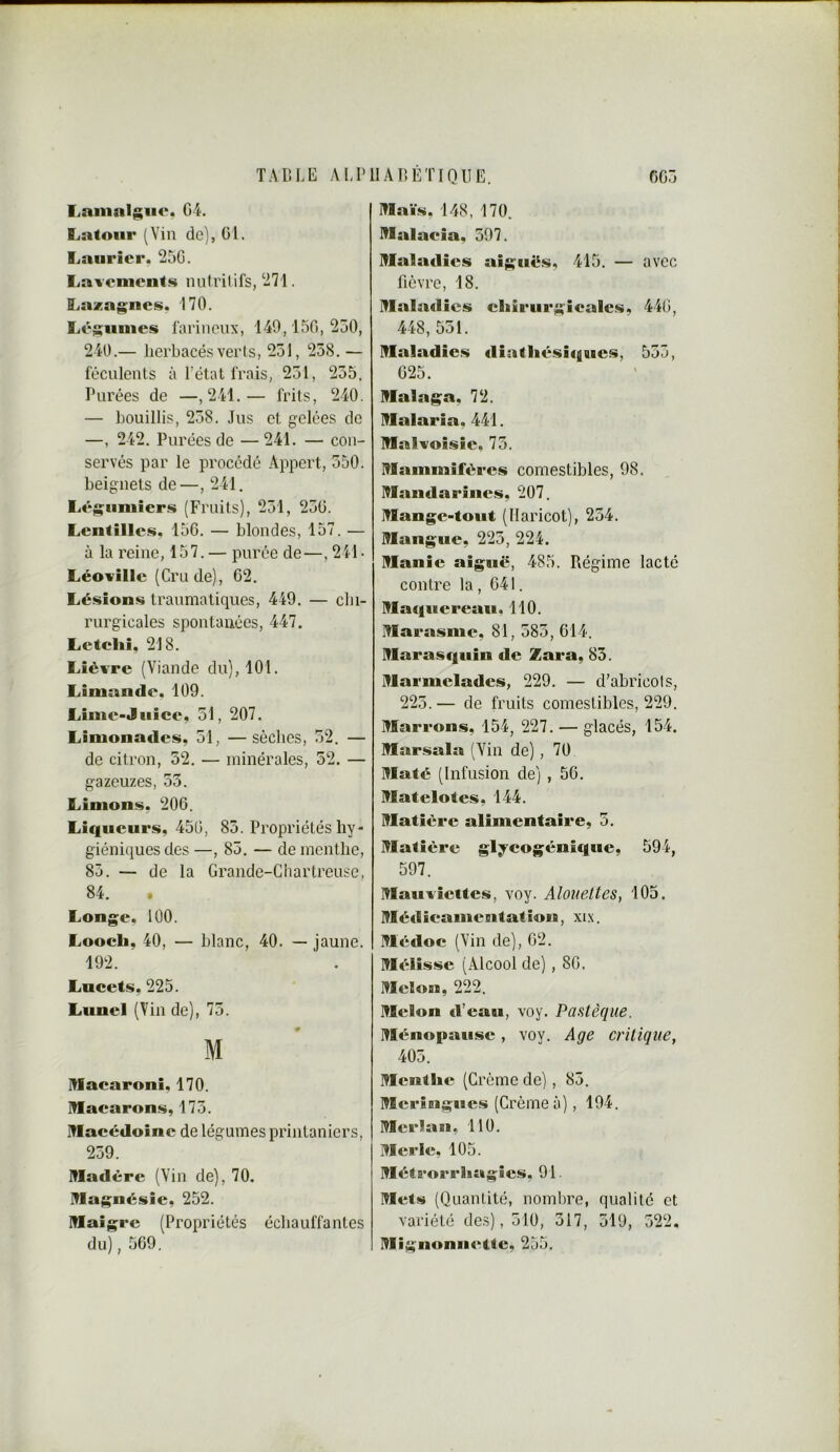 Laiiinigiie. 04. Latour (Vin de), 01. Laurier. 250. Lavements luilritifs, 271. Lazagnes. 170. Légumes l'arincux, 140,150,230, 240.— herbacés verls, 231, 258, — féculents à l’étal frais, 251, 255. Purées de —,241.— frits, 240. — bouillis, 258. Jus et gelées de —, 242. Purées de —241. — con- servés par le procédé Appert, 550. beignets de—, 241. Lé gumiers (Fruits), 251, 230. Lentilles. 150. — blondes, 157. — à la reine, 157. — purée de—, 241 • Léo ville (Cru de), 02. Lésions traumatiques, 449. — chi- rurgicales spontanées, 447. Letehi, 218. Lièvre (Viande du), 101. Limande, 109. Lime-Jiiice, 51, 207. Limonades, 51, —sèches, 52. — de citron, 52. — minérales, 52. — gazeuzes, 55. Limons, 200. Liqueurs, 450, 85. Propriétés hy- giéniques des —,85. — de menthe, 85. — de la Grande-Chartreuse, 84. Longe, 100. Looch, 40, — blanc, 40. — jaune. 192. Lucets, 225. Lunel (Vin de), 75. M macaroni, 170. macarons, 175. macédoine de légumes printaniers, 259. madère (Vin de), 70. magné.sic, 252. maigre (Propriétés échauffantes du), 509. maïs. 148, 170. malacia, 597. maladies aiguë.s, 415. — avec llcvrc, 18. mala«lics cliirurgieales. 440, 448,551. maladies diatliésiqoics, 553, 025. malaga. 72. malaria, 441. malvoisie, 75, mammifères comestibles, 98. mandarines, 207. mange-tout (Haricot), 254. mangue, 225, 224. mani e aiguë, 485. Ptégime lacté contre la, 041. maquereau. 110. marasme, 81, 585, 014. marasquin de Zara, 85. marmelades, 229. — d'abricols, 225. — de fruits comestibles, 229. marrons, 154, 227. — glacés, 154. marsala (Vin de), 70 maté (Infusion de) , 50. matelotes, 144. matière alimentaire, 5. matière glycogénique, 594, 597. mauviettes, voy. Alouettes, 105. médicamentât ion, xi.x. médoe (Vin de), 02. mélisse (Alcool de) , 80. melon, 222. melon d’eau, voy. Pastèque. ménopause, voy. Age criliqiie, 405. mcntlic (Crème de), 85. mcrÎBigucs (Crème à), 194. merlan, 110. merle, 105. métrorrliagîcs, 91. mets (Quantité, nombre, qualité et variété des), 510, 517, 519, 522. mignonnettc, 255.