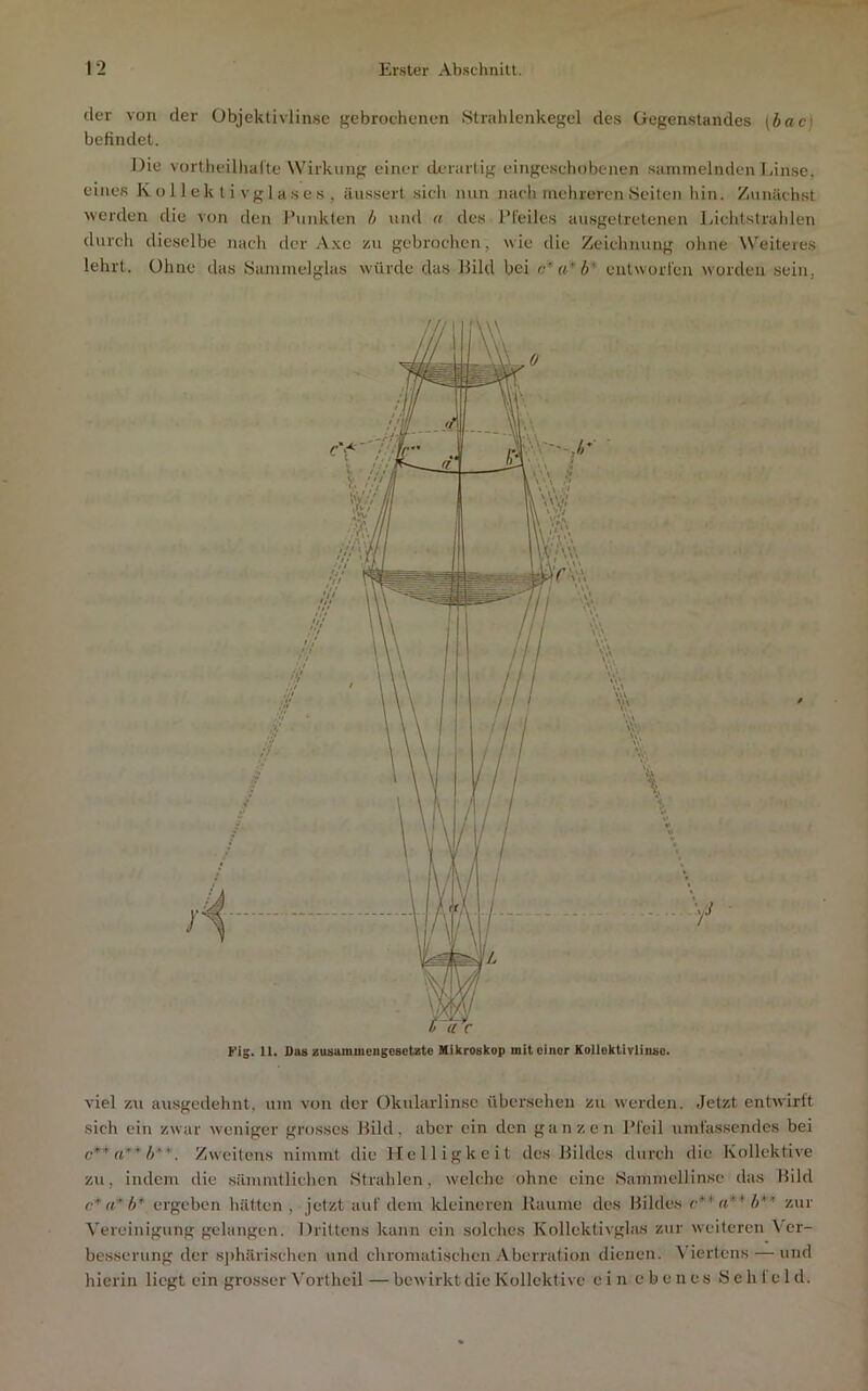 der von der Objektivlin.se gebrochenen Strahlenkegel des Gegenstandes (öac) befindet. Die vortheillialte Wirkung einer derartig eingeschobenen sammelnden I,inse, eines Kollektivglases, äusserl sich min nach mehreren Seiten hin. Zunächst werden die von den Punkten b und a des Pfeiles ausgetretenen Lichtstrahlen durch dieselbe nach der A.\e zu gebrochen, wie die Zeichnung ohne Weiteres lehrt. Ohne das Sammelglas würde das llild bei n* u A’' entworfen worden sein, viel zu ausgedehnt, um von der Okularlinse übersehen zu werden. Jetzt entwirft sich ein zwar weniger gros.ses Hild, aber ein den ganzen Pfeil umfassendes bei Zweitens nimmt die Helligkeit des Hildes durch die Kollektive zu, indem die .sämmtlichen Strahlen, w'elche ohne eine Sammellinse das Hild a* b* ergeben hätten , jetzt auf dem kleineren llaume des Hildes c*”* b** zur Vereinigung gelangen. Drittens kann ein solches Kollektivglas zur weiteren Ver- besserung der sphärischen und chromatischen Aberration dienen, ^’iertens — und hierin liegt ein grosser \'ortheil — bewirkt die Kollektive ein ebenes Sehfeld.