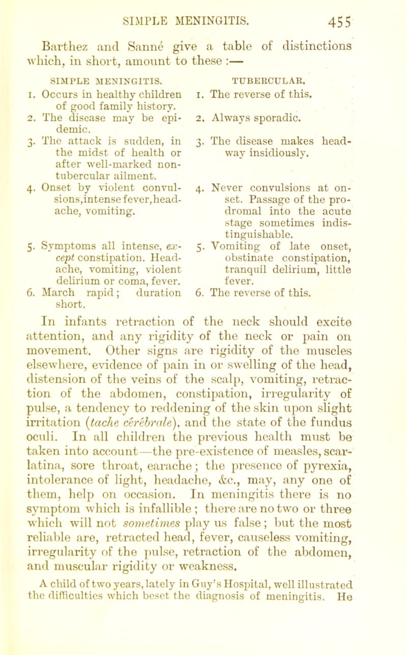 Barthez and Sanne give a table of distinctions ■which, in short, amount to these ;— SIMPLE MENINGITIS. 1. Occurs in healthy children of good family history. 2. The disease may be epi- demic. 3. The attack is sudden, in the midst of health or after well-marked non- tubercular ailment. 4. Onset by violent convul- sions,intense fever,head- ache, vomiting. 5. Symptoms all intense, ex- cept constipation. Head- ache, vomiting, violent delirium or coma, fever. 6. March rapid; duration short. In infants retraction of the neck should excite attention, and any rigidity of the neck or jiain on movement. Other signs are rigidity of the muscles elsewhere, e’vidence of pain in or swelling of the head, distension of the veins of the scalp, vomiting, retrac- tion of the abdomen, constipation, irregularity of pulse, a tendency to reddening of the skin upon slight irritation {tache cerebrale), and the state of the fundus oculi. In all childi’en the previous health must be taken into account—the pre-exi.stcnce of measles, scai’- latina, sore throat, earache; the presence of pyrexia, intolerance of light, headache, &c., may, any one of them, help on occasion. In meningitis there is no symptom which is infallible ; there are no two or three wdiich ivill not sometimes play us false ; but the most reliable are, retracted head, fever, causeless vomiting, irregularity of the pulse, retraction of the abdomen, and muscular rigidity or weakness. A child of two years, lately in Guy’-s Hospital, well illustrated the difficulties which beset the diagnosis of meningitis. He TUBEKCULAR. 1. The reverse of this. 2. Always sporadic. 3. The disease makes head- way insidiously. 4. Never convulsions at on- set. Passage of the pro- dromal into the acute stage sometimes indis- tinguishable. 5. Vomiting of late onset, obstinate constipation, tranquil delirium, little fever. 6. The reverse of this.