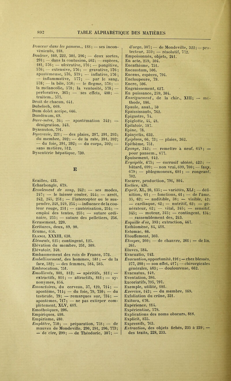 Douceur dans les pansem., 188 ; ~ ses incon- vénients, 188. Douleur, 160, 222, 301, 396; — deux sortes, 291 ; — dans la contusion, 402; — espèces, 181, 376; — ulcérative, 376; — pongitive, 576; — extensive, 376; — gravative, 576 ; apostémeuse, 376, 379; — inflalive, 376 ; — inflammative, 377; — par le sang, 578; — la bile, 378 ; — le flegme, 378; — la mélancolie, 578; la ventosité, 378; — perforative, 365; — ses effets, 400; — traitem.. 377. Droit de chacun, 641. Dubelech, 669. Dum dolet accipe, 066. Duodénum, 69. Dure-mère, 34; — apostémation 342; — dénigralion, 343. Dyasnuton, 791. Dyscrasie, 221; —des plaies, 287, 291, 293; du membre, 392; — de la rate, 391, 392; — du foie, 391, 392; — du corps, 392; — sans matière, 312. Dysentérie hépatique, 730. E Écailles, 433. Echarbongle, 679. Écoulement de sang, 242; — ses modes, 247; — le laisser couler, 244; — arrêt, 242, 243, 231 ; — l’intercepter ou le sus- Ijendre, 248, 249, 254 ; — influence de la cou- leur rouge, 231; — cautérisation, 234; — emploi des tentes, 235; — suture ordi- naire, 253; — suture des pelletiers, 236. Écrasement, 220. Écritures, deux, 89, 90. Écume, 636. Elaixgi, XXXIII, 630. Éléments, 123; contingent, 123. Élévation du membre, 231, 309. Élévatoir, 340. Embaumement des rois de France, 572. Embellissement, des hommes, 581 ; — de la face, 582; — des femmes, 584, 385. Embrocation, 731. Emollients, 808, 812; — apéritifs, 811; — extractifs, 811; — attractifs, 811;— sy- nonymes, 854. Emonctoires, du cerveau, 37, 129, 714; — apostème, 714; — du foie, 79, 730; — du testicule, 79; — remarques sur, 734; — apostèmes, 717; — ne pas extirper com- plètement, XLV, 688. Ernothoïques, 206. Empiriques, 480. Empirisme, 480. Emplâtre, 750; — préparation, 758; — de mauves de Mondeville, 290, 291, 296, 773; — de cire, 299; — de Théodoric, 307; — d’orge, 307;— de Mondeville, 322; — pro- tecteur, 359; — résolutif, 772. Empoisonnés, objets, 241. En acte, 259, 304. Encathisme, 731. Encaustum, 506. Encens, espèces, 794. Encloupeure, 79. Encre, 506. Engraissement, 627. En puissance, 259, 304. Enseignement, de la chir., XIII; — mé- thode, 186. Epaule, anat., 30 Épaississants, 762. Épigastre, 74. Épiglotte, 44, 48. Épilatoir, 387. Épine, 78. Épinyctis, 632. Épiploon, 66, 73; — plaies, 362. Épithème, 731. Éponge, 342; — remettre à neuf, 649; — pour pansern., 077. Épuisement, 142. Erysipèle, 675; — corrosif ulcéré, 422; — bâtard, 699 ; — non vrai, 699, 700 ; — fau,x, 679; — phlegmoneux, 681; — rongeant. 702. Escarre, production, 796, 804. Esclice, 426. Esprit, XL, 20, 135; — variétés, XLI; — défi- nition, 61 ; — fonctions, 61 ; — de l’àme. 33, 62; — auditible, 38; — visible, 42; — cardiaque, 62; — nutritif, 62; — gé- nérateur, 62; — vital, 345; — sensitif. 345; — moteur, 345; — contingent, 134; — rassemblement des, 243. Esquille d'os, 393; extraction, 467. Esthiomène, 84, 411. Estomac, 66. Étouffement, 303. Étoupes, 260; —de chanvre, 261; — de lin, 261. Étuves, 584. Evacuatio, 142. ÉüflCMflfion, opportun!té, 191 ; — chez blessés. 277, 280 ; — son effet, 417 ; — chirurgicales générales, 483;—• douloureuse, 662. . Évacuatus, 142. Eventation, 386. Èxcoriatifs, 793, 797. Exemple, utilité, 181. Exercice, 142; — du membre, 169. Exfoliation du crâne, 331. Exitura, 070. Expérience, 114. Expérientiae, 579. Explications des noms obscurs, 818. Explicit, 855. Expressifs, 763. Extraction, des objets fichés, 235 à 239; — des traits, 228, 233.