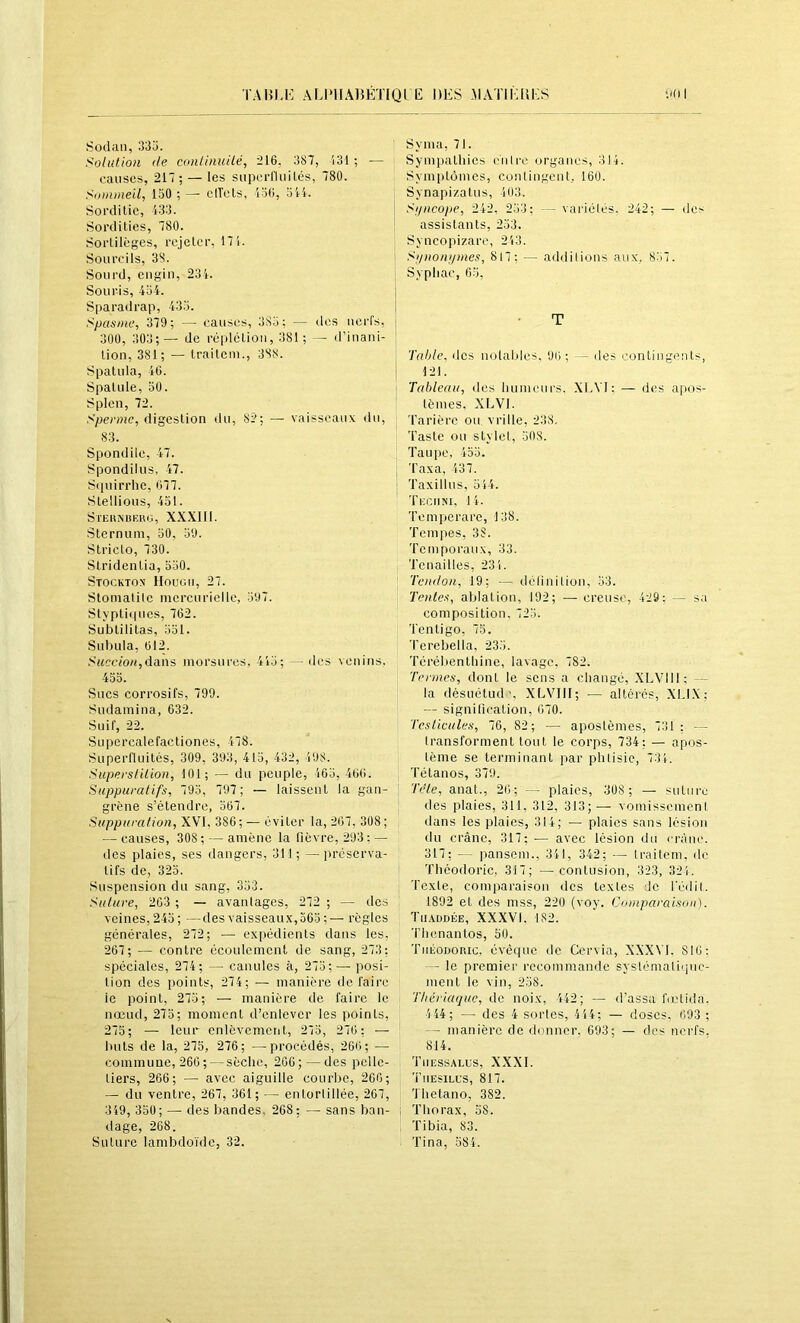 TAHl.K ALI'lIÂBETIQl E UES .MATIEllES Sodiin, 33d. ^'olulion (le cun/inuilé, 216, 387, 131 ; — causes, 217 ; — les supei-riuilés, 780. Sommeil, 150 ; — clTets, 136, SU. Sordilic, 133. Sordities, 780. Soclilèges, rejeter, 171. Sourcils, 38. Sourd, engin, 231. Souris, loi. Sparadrap, 133. Spasme, 379; — causes, 383; — îles nerfs, 300, 303;— de réplcLiou, 381; — d’inani- lion, 381; — trailem., 3S8. Spalula, 16. Spalule, 30. Splen, 72. Sperme, digeslion du, 82; — vaisseaux du, 83. Spondile, 17. Spondilus, 17. Squirrhe, 677. Slellious, loi. Steunhkkg, X.X.X111. Sternum, 30, 30. Stricto, 730. Stridentia, 330. Stockton IIouoii, 27. Stoniatilc mercurielle, 307. Styptiques, 762. Subtilitas, 331. Subula, 612. .''MCC(o/(,dans morsures, 113; - des venins. 433. Sucs corrosifs, 799. Sudamina, 632. Suif, 22. Supercalefactiones, 178. Superfluités, 309, 393, 413, 132, 108. SiiperstUion, 101; — du peuple, 163, 166. Suppuratifs, 793, 707; — laissent la gan- grène s’étendre, 367. Suppuration, XVI. 386; — éviter la, 267, 308 ; — causes, 308 ; — amène la fièvre, 293 : — des plaies, ses dangers, 311; —préserva- tifs de, 323. Suspension du sang, 333. Suture, 263 ; — avantages, 272 ; — des veines, 213; —des vaisseaux,563 ;— règles générales, 272; — expédients dans les, 267; — contre écoulement de sang, 273; spéciales, 274 ; — canules à, 273;— iiosi- lion des points, 274; — manière défaire le point, 273; — manière de faire le nœud, 273; moment d’enlever les points, 273; — leur cnlèvcmetit, 273, 276 ; — buts de la, 273, 276; —procédés, 266; — commune, 266; — sèche, 266;—des pelle- tiers, 266; — avec aiguille courbe, 266; — du ventre, 267, 361; — entortillée, 267, 319, 330; — des bandes. 268; — sans ban- dage, 268. Suture lambdoïde, 32. ' Syma, 71. Sympathies énire organes, 31». Symptômes, contingent, 160. Synapizatus, 103. SfiHcope, 242. 233; — variétés. 242; — <les ' assistants, 233. Syncopizare, 213. Si/nonijmes, 817; — additions aux, 837. Syphac, 03, T j Table, des notaliles, 06; — des contingents, ! 121. Tableau, des humeurs. XLVl; — des apos- lèmes, XLVl. Tarière ou vrille, 238, Taste ou stylet, 308. Taupe, 133. Taxa, 137. Taxillus, 311. Tiîciini, 11. Temperare, 138. Tempes, 38. Tempoi'aux, 33. Tenailles, 231. Tendon, 19; — définition, 33. Tentes, ablation, 192; — creuse, 429; — sa composition, 723. Tentigo, 73. 'l'erebella, 233. Térébenthine, lavage, 782. Termes, dont le sens a changé, XLVl 11; — la désuétudXLVIlf; — altérés, XLl.X: — signification, 670. Testicules, 76, 82; — apostèmes, 731 ; -- transforment tout le corps, 734; — apos- lènie se terminant par phtisie, 731. Tétanos, 370. T(-te, anal., 26; — plaies, 308 ; — suture des plaies, 311, 312, 313;— vomisscineni dans les plaies, 311; — plaies sans lésion du crâne, 317; — avec lésion du i ràne. 317; — pansem., 311, 342; — traitem. de Théodoric, 317; —contusion, 323, 321. Texte, comparaison des textes Je l'édit. 1892 et des mss, 220 (voy. Comparaison). Tiiaubée, XXXVI. 182. Thenanlos, 50. TiiÉononic, évêque de Cervia, XXXN'I. 816; - le premier recommande systématique- ment le vin, 238. Thériaque, de noix, 142; — d'assa fœtida. 4 44 ; — des 4 sortes, 414; — doses. 693 ; -- manière de donner, 693; — des nerfs. 814. 'l’ilESSALOS, XXXI. Tiiesilus, 817. Thetano, 382. Thorax, 38. Tibia, 83. Tina, 584.