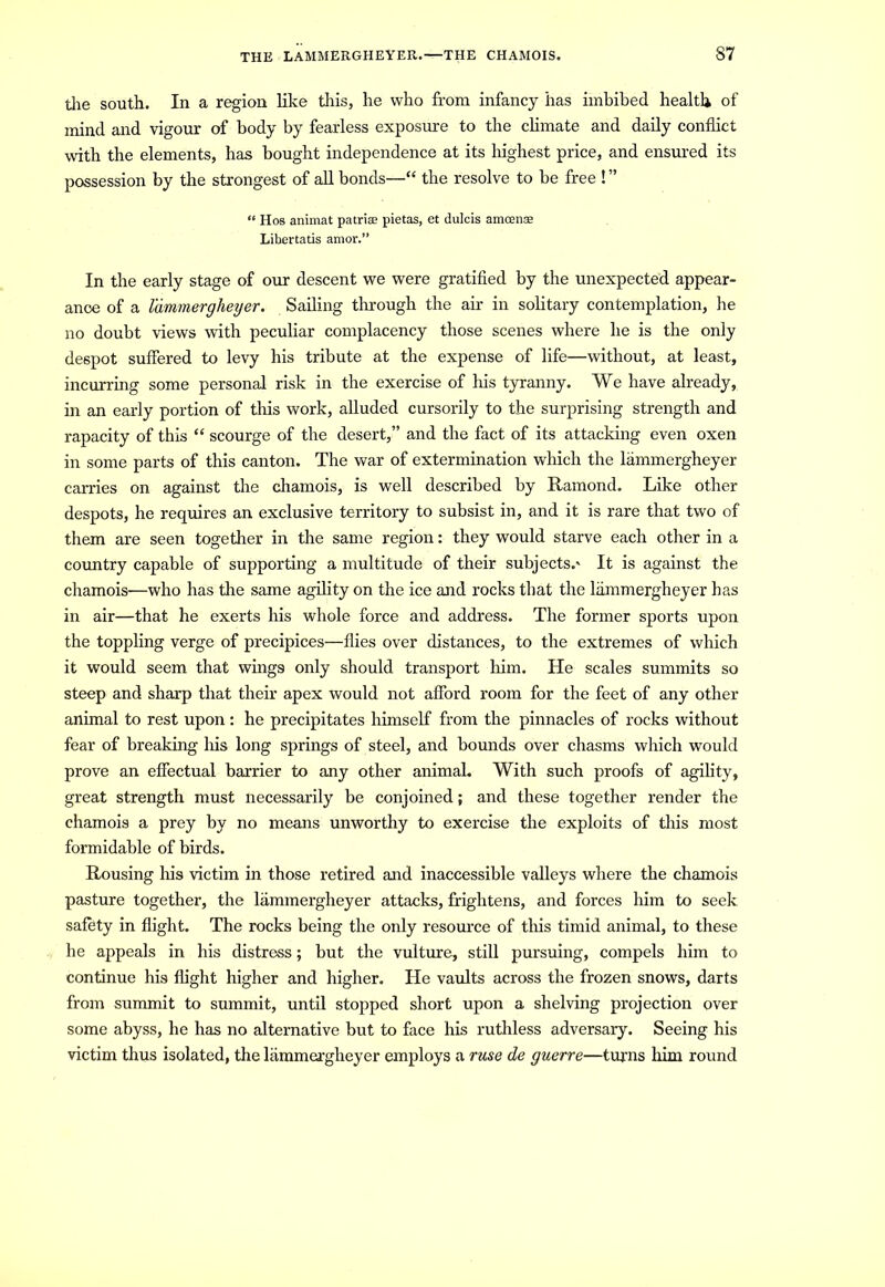 the south. In a region like this, he who from infancy has imbibed health of mind and vigour of body by fearless exposure to the climate and daily conflict with the elements, has bought independence at its highest price, and ensured its possession by the strongest of all bonds—“ the resolve to be free ! ” “ Hos animat patriee pietas, et dulcis amcens Lihertatis amor.” In the early stage of our descent we were gratified by the unexpected appear- ance of a lammergheyer. Sailing through the air in solitary contemplation, lie no doubt views with peculiar complacency those scenes where he is the only despot suffered to levy his tribute at the expense of life—without, at least, incurring some personal risk in the exercise of his tyranny. We have already, in an early portion of this work, alluded cursorily to the surprising strength and rapacity of this “ scourge of the desert,” and the fact of its attacking even oxen in some parts of this canton. The war of extermination which the lammergheyer carries on against the chamois, is well described by Ramond. Like other despots, he requires an exclusive territory to subsist in, and it is rare that two of them are seen together in the same region: they would starve each other in a country capable of supporting a multitude of their subjects.' It is against the chamois—who has tire same agility on the ice and rocks that the lammergheyer has in air—that he exerts his whole force and address. The former sports upon the toppling verge of precipices—flies over distances, to the extremes of which it would seem that wings only should transport him. He scales summits so steep and sharp that their apex would not afford room for the feet of any other animal to rest upon : he precipitates himself from the pinnacles of rocks without fear of breaking his long springs of steel, and bounds over chasms which would prove an effectual barrier to any other animal. With such proofs of agility, great strength must necessarily be conjoined; and these together render the chamois a prey by no means unworthy to exercise the exploits of this most formidable of birds. Rousing his victim in those retired and inaccessible valleys where the chamois pasture together, the lammergheyer attacks, frightens, and forces him to seek safety in flight. The rocks being the only resource of this timid animal, to these he appeals in his distress; but the vulture, still pursuing, compels him to continue his flight higher and higher. He vaults across the frozen snows, darts from summit to summit, until stopped short upon a shelving projection over some abyss, he has no alternative but to face his ruthless adversary. Seeing his victim thus isolated, the lammergheyer employs a ruse de guerre—turns him round