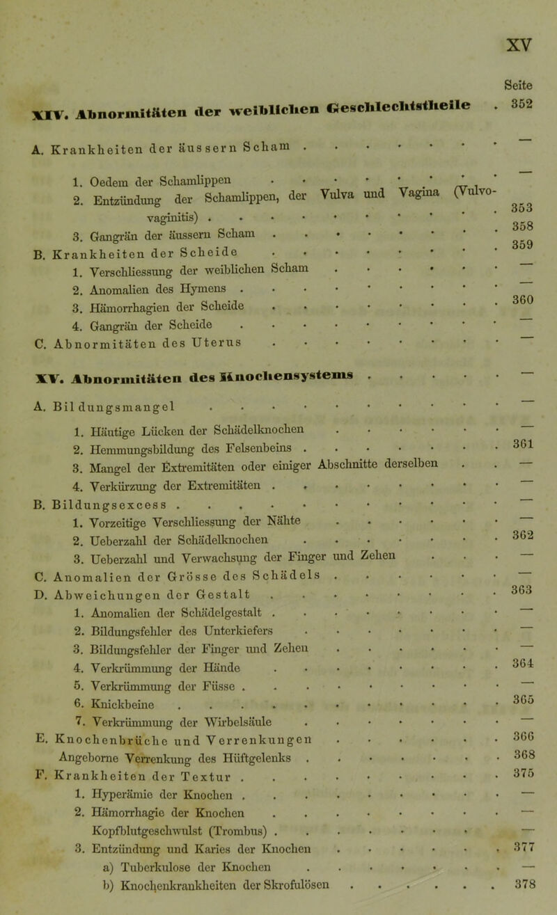 XIV. Abnormitäten tier weiblichen Gesclileclitstlieile A. Krankheiten der äussern Scham . 1. Oedem der Schamlippen . • • * ' . 2. Entzündung der Schamlippen, der Viüva und Vagma (Vulvo vaginitis) ..*••• 3. Gangrän der äussern Scham B. Krankheiten der Scheide . . 1. Verschliessung der weiblichen Scham 2. Anomalien des Hymens . 3. Hämorrhagien der Scheide . 4. Gangrän der Scheide • C. Abnormitäten des Uterus XV. Abnormitäten des Stnocliensystems .... A. Bildungsmangel ...••••• 1. Häutige Lücken der Schädelknochen ..... 2. Hemmungsbüdung des Felsenbeins ..... 3. Mangel der Extremitäten oder einiger Abschnitte derselben 4. Verkürzung der Extremitäten B. Bildungsexcess ...•••••*• 1. Vorzeitige Verschliessung der Nähte 2. Ueberzalil der Schädelknochen ..... 3. Ueberzalil und Verwachsung der Finger und Zehen C. Anomalien der Grösse des Schädels ..... D. Abweichungen der Gestalt ...*••• 1. Anomalien der Schädelgestalt ...•••• 2. Bildungsfehler des Unterkiefers 3. Bildungsfeliler der Finger und Zehen ..... 4. Verkrümmung der Hände 5. Verkrümmung der Fiisse ...*•••• 6. Knickbeine 7. Verkrümmung der Wirbelsäule ...... E. Knochenbrüche und Verrenkungen Angebome Verrenkung des Hüftgelenks F. Krankheiten der Textur ...••••• 1. Hyperämie der Knochen 2. Hämorrhagie der Knochen ...*••> Kopfblutgeschwulst (Trombus) ...•••• 3. Entzündung und Karies der Knochen ..... a) Tuberkulose der Knochen b) Knochenkrankheiten der Skrofulösen Seite 352 353 358 359 360 361 362 363 364 365 366 368 375 377 378