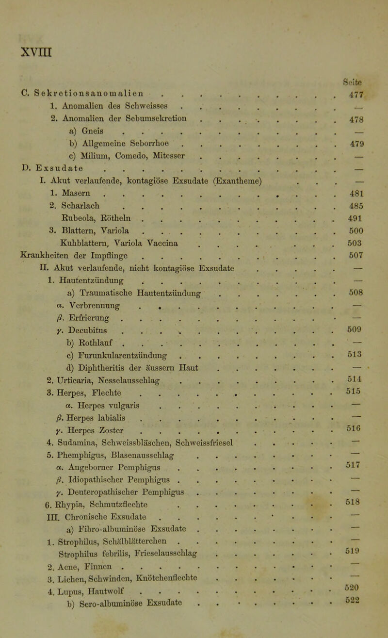 C. Sekretionsanomalien 1, Anomalien des Schweisses 2. Anomalien der Sebumsekretion a) Gneis .... b) Allgemeine Seborrhoe c) Milium, Comedo, Mitesser D. Exsudate I. Akut verlaufende, kontagiöse Exsudate (Exantheme) 1. Masern 2. Scharlach .... Rubeola, Rötheln . 3. Blattern, Variola . . . Kuhblattern, Variola Vaccina Krankheiten der Impflinge II. Akut verlaufende, nicht kontagiöse Exsudate 1. Hautentzündung a) Traumatische Hautentziindun «. Verbrennung . . ß. Erfrierung .... y. Decubitus .... b) Rothlauf .... c) Furunkularentzündung d) Diphtheritis der äussern Haui 2. Urticaria, Nesselausschlag 3. Herpes, Flechte «. Herpes vulgaris ß. Herpes labialis y. Herpes Zoster 4. Sudamina, Schweissbläschen, Schweissfriesel 5. Phemphigus, Blasenausschlag a. Angeborner Pemphigus ß. Idiopathischer Pemphigus . y. Deuteropathischer Pemphigus 6. Rhypia, Schmutzflechte III. Chronische Exsudate a) Fibro-albuminöse Exsudate 1. Strophilus, Schälblätterchen Strophilus febrilis, Frieselausschlag 2. Acne, Finnen .... 3. Lichen, Schwinden, Knötchenflechte 4. Lupus, Hautwolf b) Sero-albuminöse Exsudate Seite 477 478 479 481 485 491 500 503 507 508 509 513 514 515 516 517 518 519 520 522