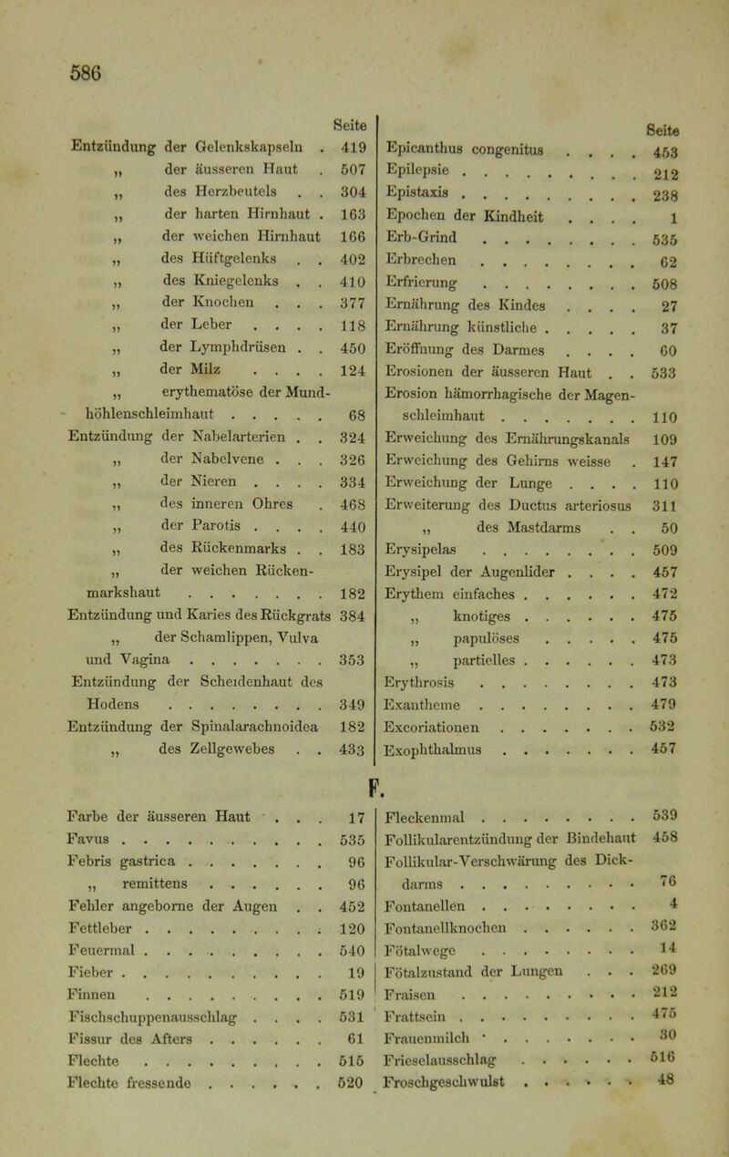 Seite Entzündung der Gelenkskapselu . 419 }} der äusseren Haut 507 77 des Herzbeutels . . 304 77 der harten Hirnhaut . 163 77 der weichen Hirnhaut 166 77 des Hüftgelenks 402 77 des Kniegelenks . . 410 77 der Knochen 377 77 der Leber .... 118 77 der Lymphdrüsen . 450 77 der Milz .... 124 77 erythematöse der Mund- höhlenschleimhaut 68 Entzündung der Nabelarterien . . 324 77 der Nabelvene . . . 326 7? der Nieren .... 334 77 des inneren Ohres 468 7? der Parotis .... 440 77 des Rückenmarks . 183 77 der weichen Rücken- markshaut 182 Entzündung und Karies des Rückgrats 384 77 der Schamlippen, Vulva und Vagina Entzündung der Scheidenhaut des 353 Hodens 349 Entzündung der Spinalarachnoidea 182 77 des Zellgewebes . . 433 Farbe der äusseren Haut . . . Favus Febris gastrica „ remittens Fehler angeborne der Augen . . Fettleber Feuermal Fieber Finnen Fischschuppenausschlag . Fissur des Afters Flechte Flechte fressende Epicanthus congenitus • • • • Seite 453 Epilepsie . 212 Epistaxis . . 238 Epochen der Kindheit • • • • 1 Erb-Grind . . . 535 Erbrechen 62 Erfrierung .... 508 Ernährung des Kindes • • • • 27 Ernährung künstliche . • • • • 37 Eröffnung des Darmes • • • • 60 Erosionen der äusseren Haut . . 533 Erosion hämorrhagische der Magen- schleimhaut . 110 Erweichung des Emährungskanals 109 Erweichung des Gehirns weisse 147 Erweichung der Lunge • 110 Erweiterung des Ductus arteriosus 311 „ des Mastdarms . . 50 Erysipelas .... 509 Erysipel der Augenlider • • • • 457 Erythem einfaches . . 472 „ knotiges . . 475 „ papulöses • • • • 475 „ partielles . 473 Erythrosis .... 473 Exantheme .... 479 Excoriationen . . . 532 Exophthalmus . . . 457 F. 17 535 96 96 452 120 540 19 519 531 61 515 520 Fleckenmal 539 Follikularentzündung der Bindehaut 458 Follikulär-Verschwärung des Dick- darms ^6 Fontanellen 4 Fontanellknochcn 362 Fötalwege 14 Fötalzustand der Lungen . . . 269 Fraisen 212 Frattsein 475 Frauenmilch * 30 Frieselausschlag 616 Froschgeschwulst ...... 48