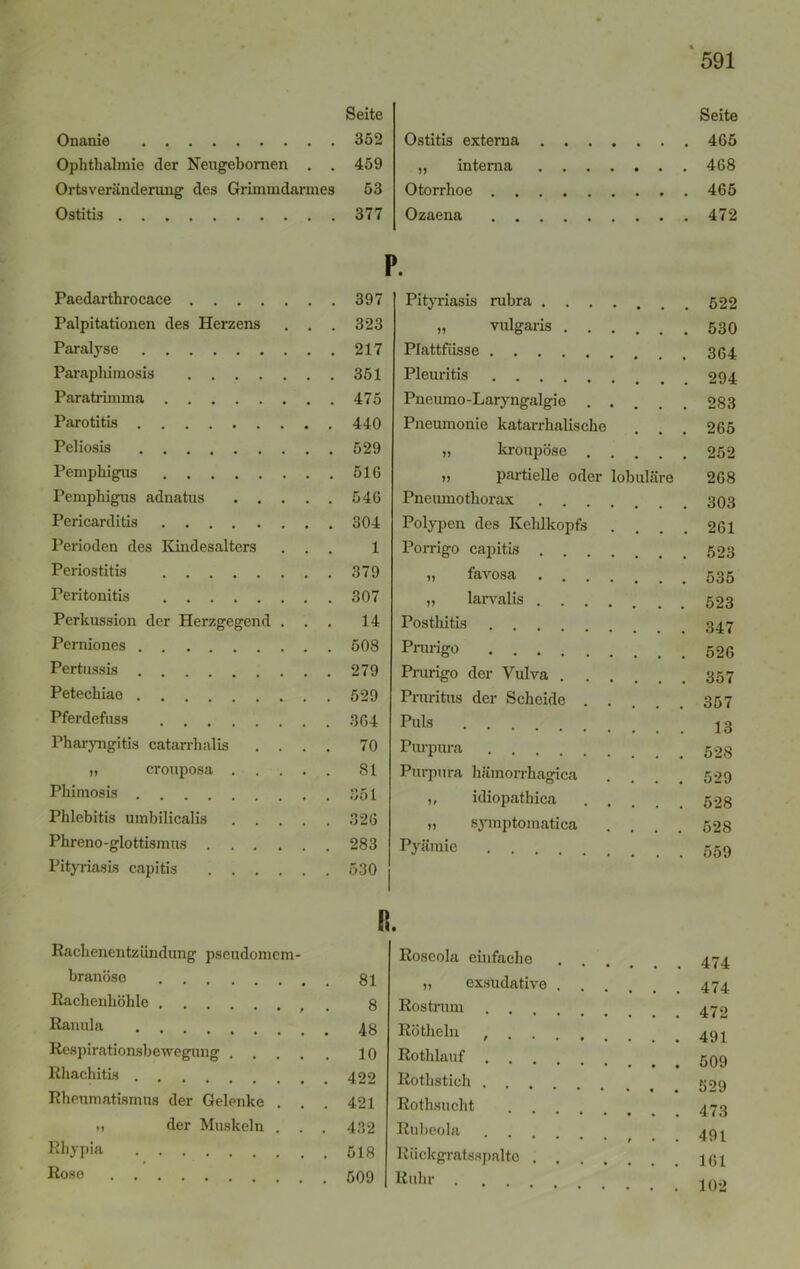 Seite Onanie 352 Ophthalmie der Neugebornen . . 459 Ortsveränderung des Grimmdarmes 53 Ostitis 377 Paedarthrocace 397 Palpitationen des Herzens . . . 323 Paralyse 217 Paraphimosis 351 Paratrimma 475 Parotitis 440 Peliosis 529 Pemphigus 51G Pemphigus adnatus 5 46 Pericarditis 304 Perioden des Kindesalters ... 1 Periostitis 379 Peritonitis 307 Perkussion der Herzgegend ... 14 Perniones 508 Pertussis 279 Petechiae 529 Pferdefuss 3G4 Pharyngitis catarrhalis .... 70 „ crouposa 81 Phimosis 351 Phlebitis umbilicalis 326 Phreno-glottismus 283 Pityriasis capitis 530 Seite Ostitis externa 465 „ interna 468 Otorrlioe . 465 Ozaena 472 P. Pityriasis rubra 522 „ vulgaris 530 Plattfiisse 364 Pleuritis 294 Pneumo-Laryngalgie ..... 283 Pneumonie katarrhalische . . . 265 » kroupöse 252 „ partielle oder lobuläre 268 Pneumothorax 303 Polypen des Kehlkopfs .... 261 Porrigo capitis 523 » favosa 535 „ larvalis 523 Posthitis 34.7 Prurigo 526 Prurigo der Vulva 357 Pruritus der Scheide ..... 357 Puls 13 Purpura 52s Purpura hämorrhagica .... 529 ,, idiopathica 528 „ symptomatica .... 528 py|Jraie 559 Rachenentzündung pseudomem- branöse Rachenhöhle . t Ranula Respirationsbewegung . . . . Rhachitis Rheumatismus der Gelenke . „ der Muskeln . . Rhypia Roso It. 81 8 48 10 422 421 432 518 509 Roseola einfache „ exsudative Rostrum Rötheln , . . Rothlauf Rotlistich . . . Rothsucht Rubeola Rückgratsspalte . Ruhr . 474 474 472 491 509 529 473 491 161 102