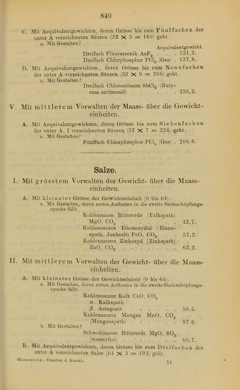 C. Mit Aequivalentgewichten, deren Grösse bis zum Fünffachen der unter A verzeichneten Säuren (32 X 5 = 160) geht, a. Mit Gestalten P Aequivalentgewicht. Dreifach Fluorarsenik AsF3 . . . 131,3. Dreifach Chlorphosphor PC13 (Gas) . 137,8. D. Mit Aequivalentgewichten, deren Grösse bis zum Neunfachen der unter A verzeichneten Säuren (32‘ X 9 = 288) geht, a. Mit Gestalten ? Dreifach Chlorantimon SbCl3 (Buty- rum antimonii) 235,2. V. Mit mittlerem Vorwalten der Maass- über die Gewicht- einheiten. A. Mit Aequivalentgewichten, deren Grösse bis zum Siebenfachen der unter A, I verzeichneten Säuren (32 X 7 = 224) geht. o Mit frPStflltPTI P ' Fünffach Chlorphosphor PC1B (Gas) . 208,6. Salze. I. Mit grösstem Vorwalten der Gewicht- über die Maass- einheiten . A. Mit kleinster Grösse der Gewichtseinheit (0 bis 64). a. Mit Gestalten, deren erstes Auftreten in die zweite Steinschöpfungs- epoche fällt. Kohlensäure Bittererde (Talkspath) MgO, C02 42,7- Kohlensaures Eisenoxydul (Eisen- spath, Junkerit) FeO, C02. . . 57,2. Kohlensaures Zinkoxyd (Zinkspath) ZnO, C02 62,2. II. Mit mittlerem \ orwalten der Gewicht- über die Maass- einheiten. A. Mit kleinster Grösse der Gewichtseinheit (0 bis 64). a. Mit Gestalten, deren erstes Auftreten in die zweite Steinschöpfungs- epoche fällt. Kohlensaurer Kalk CaO, C02 a. Kalkspath ß. Arragonit 50,5. Kohlensaurer Mangan MnO, C02 (Manganspath) 57,6. b. Mit Gestalten P Schwefelsäure Bittererde MgO, S03 (wasserfrei) .' . . . 60,7. B. Mit Aequivalentgewichten, deren Grösse bis zum Dreifachen der unter A verzeichneten Salze (64 X 3 = 192) geht. H a u s m a nn , Ursachen d. Krankh. t i •