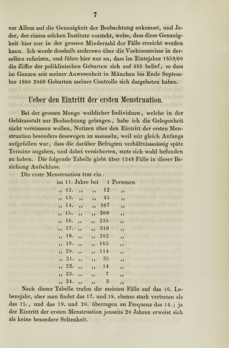 vor Allem auf die Genauigkeit der Beobachtung ankomint, und Je- der, der einem solchen Institute vorsteht, weiss, dass diese Genauig- keit hier nur in der grossen Minderzahl der Fälle erreicht werden kann. Ich werde desshalb anderswo über die Vorkommnisse in der- selben referiren, und führe hier nur an, dass im Etatsjahre 1859/60 die Ziffer der poliklinischen Geburten sich auf 485 belief, so dass im Ganzen seit meiner Anwesenheit in München bis Ende Septem- ber 1860 2069 Geburten meiner Controlle sich dargeboten haben. Ueber den Eintritt der ersten Menstruation. Bei der grossen Menge weiblicher Individuen, welche in der Gebäranstalt zur Beobachtung gelangen, habe ich die Gelegenheit nicht versäumen wollen, Notizen über den Eintritt der ersten Men- struation besonders desswegen zu sammeln, weil mir gleich Anfangs aufgefallen war, dass die darüber Befragten verhältnissmässig späte Termine angaben, und dabei versicherten, stets sich wohl befunden zu haben. Die folgende Tabelle giebt über 1348 Fälle in dieser Be- ziehung Aufschluss. Die erste Menstruation trat ein : im 11. Jahre bei 1 Personen 1 9 12 }) ? > 3 3 3 3 } 3 13. 3 3 33 45 33 3 3 14. 33 33 107 33 3 3 15. 3 3 33 200 33 33 16. 3 3 3 3 235 3 3 '3 ) 17. 33 3 3 210 3 3 3 ) 18. 3 3 3 3 202 3 3 33 19. 3 3 33 163 33 ) 3 20. 33 33 114 33 33 21. 33 33 35 33 ) > 22. 33 33 14 33 33 23. 3 3 33 7 33 33 24. 33 33 3 >3 Nach dieser Tabelle trafen die meisten Fälle auf das 16. Le- bensjahr, aber man findet das 17. und 18. ebenso stark vertreten als das 15., und das 19. und 20. überragen an Frequenz das 14.; ja der Eintritt der ersten Menstruation jenseits 20 Jahren erweist sich als keine besondere Seltenheit.