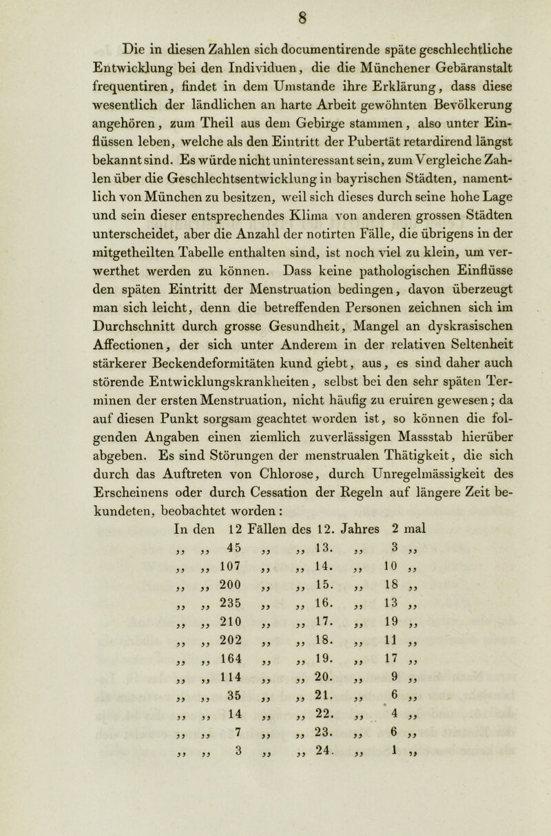 Die in diesen Zahlen sich documentirende späte geschlechtliche Entwicklung bei den Individuen, die die Münchener Gebäranstalt frequentiren, findet in dem Umstande ihre Erklärung, dass diese wesentlich der ländlichen an harte Arbeit gewöhnten Bevölkerung angehören, zum Theil aus dem Gebirge stammen, also unter Ein- flüssen leben, welche als den Eintritt der Pubertät retardirend längst bekannt sind. Es würde nicht uninteressant sein, zum Vergleiche Zah- len über die Geschlechtsentwicklung in bayrischen Städten, nament- lich von München zu besitzen, weil sich dieses durch seine hohe Lage und sein dieser entsprechendes Klima von anderen grossen Städten unterscheidet, aber die Anzahl der notirten Fälle, die übrigens in der mitgetheilten Tabelle enthalten sind, ist noch viel zu klein, um ver- werthet werden zu können. Dass keine pathologischen Einflüsse den späten Eintritt der Menstruation bedingen, davon überzeugt man sich leicht, denn die betreffenden Personen zeichnen sich im Durchschnitt durch grosse Gesundheit, Mangel an dyskrasischen Affectionen, der sich unter Anderem in der relativen Seltenheit stärkerer Beckendeformitäten kund giebt, aus, es sind daher auch störende Entwicklungskrankheiten, selbst bei den sehr späten Ter- minen der ersten Menstruation, nicht häufig zu eruiren gewesen; da auf diesen Punkt sorgsam geachtet worden ist, so können die fol- genden Angaben einen ziemlich zuverlässigen Massstab hierüber abgeben. Es sind Störungen der menstrualen Thätigkeit, die sich durch das Auftreten von Chlorose, durch Unregelmässigkeit des Erscheinens oder durch Cessation der Regeln auf längere Zeit be- kundeten, beobachtet worden: In den 12 Fällen des 12. Jahres 2 mal 3 3 3 3 45 3 3 3 3 13. 3 3 3 3 3 3 3 3 3 107 3 3 33 14. 33 10 3 3 3 3 3 3 200 3 3 3 3 15. 3 3 18 33 3 3 3 3 235 3 3 3 3 16. 33 13 3 3 3 3 3 3 210 3 3 3 3 17. 33 19 33 3 3 33 202 3 3 33 18. 3 3 11 33 33 3 3 164 3 3 3 3 19. 33 17 3 3 3 3 3 3 114 33 33 20. 3 3 9 33 33 3 3 35 3 3 33 21. 3 3 6 3 3 3 3 3 3 14 3 3 3 3 22. 3 3 4 3 3 3 3 3 3 7 33 3 3 23. 3 3 6 3 3 3 3 3 3 3 3 3 3 3 24. 3 3 1 33