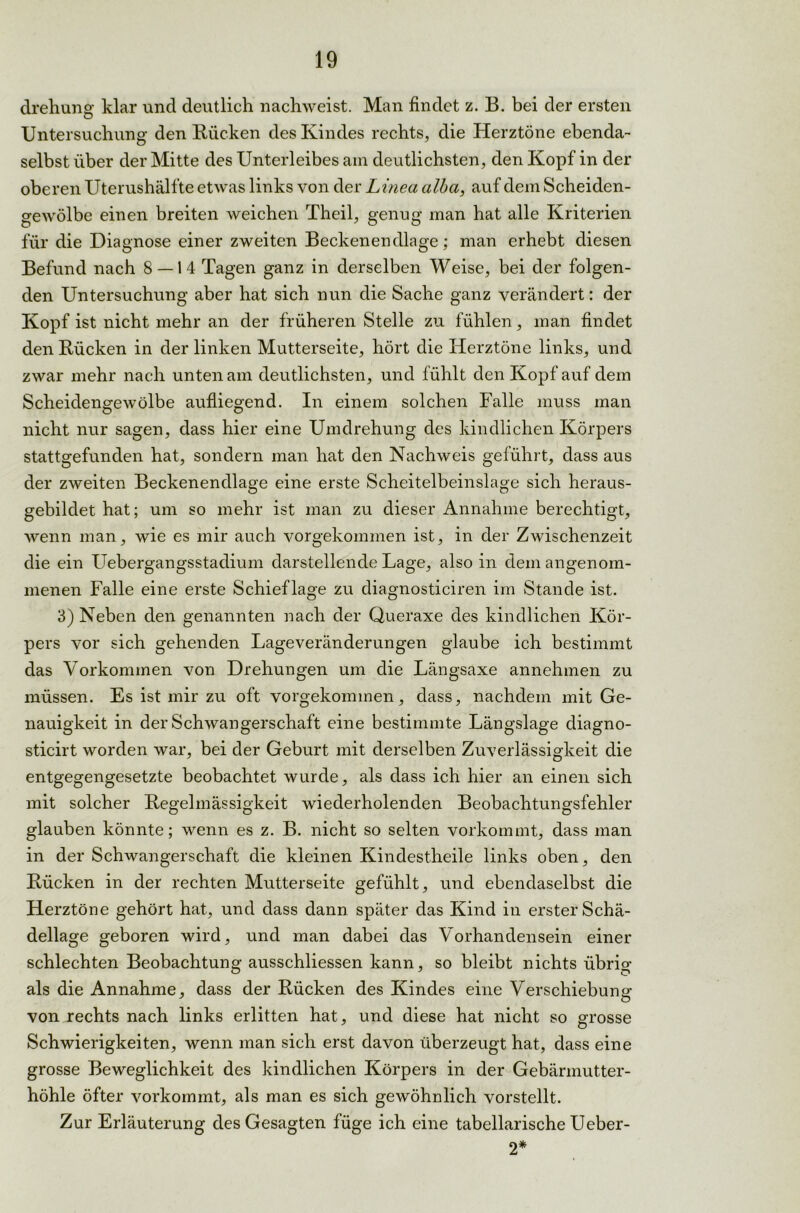 drehung klar und deutlich nachweist. Man findet z. B. bei der ersten Untersuchung den Bücken des Kindes rechts, die Herztöne ebenda- selbst über der Mitte des Unterleibes am deutlichsten, den Kopf in der oberen Uterushälfte etwas links von der Linea alba, auf dem Scheiden- gewölbe einen breiten weichen Theil, genug man hat alle Kriterien für die Diagnose einer zweiten Beckenendlage; man erhebt diesen Befund nach 8 — 14 Tagen ganz in derselben Weise, bei der folgen- den Untersuchung aber hat sich nun die Sache ganz verändert: der Kopf ist nicht mehr an der früheren Stelle zu fühlen, man findet den Bücken in der linken Mutterseite, hört die Herztöne links, und zwar mehr nach unten am deutlichsten, und fühlt den Kopf auf dem Scheidengewölbe aufliegend. In einem solchen Falle muss man nicht nur sagen, dass hier eine Umdrehung des kindlichen Körpers stattgefunden hat, sondern man hat den Nachweis geführt, dass aus der zweiten Beckenendlage eine erste Scheitelbeinslage sich heraus- gebildet hat; um so mehr ist man zu dieser Annahme berechtigt, wenn man, wie es mir auch vorgekommen ist, in der Zwischenzeit die ein Uebergangsstadium darstellende Lage, also in dem angenom- menen Falle eine erste Schieflage zu diagnosticiren im Stande ist. 3) Neben den genannten nach der Queraxe des kindlichen Kör- pers vor sich gehenden Lageveränderungen glaube ich bestimmt das Vorkonnnen von Drehungen um die Längsaxe annehmen zu müssen. Es ist mir zu oft vorgekommen, dass, nachdem mit Ge- nauigkeit in der Schwangerschaft eine bestimmte Längslage diagno- sticirt worden war, bei der Geburt mit derselben Zuverlässigkeit die entgegengesetzte beobachtet wurde, als dass ich hier an einen sich mit solcher Begelmässigkeit wiederholenden Beobachtungsfehler glauben könnte; wenn es z. B. nicht so selten vorkommt, dass man in der Schwangerschaft die kleinen Kindestheile links oben, den Bücken in der rechten Mutterseite gefühlt, und ebendaselbst die Herztöne gehört hat, und dass dann später das Kind in erster Schä- dellage geboren wird, und man dabei das Vorhandensein einer schlechten Beobachtung ausschliessen kann, so bleibt nichts übrig als die Annahme, dass der Bücken des Kindes eine Verschiebung von rechts nach links erlitten hat, und diese hat nicht so grosse Schwierigkeiten, wenn man sich erst davon überzeugt hat, dass eine grosse Beweglichkeit des kindlichen Körpers in der Gebärmutter- höhle öfter vorkommt, als man es sich gewöhnlich vorstellt. Zur Erläuterung des Gesagten füge ich eine tabellarische Ueber- 2*