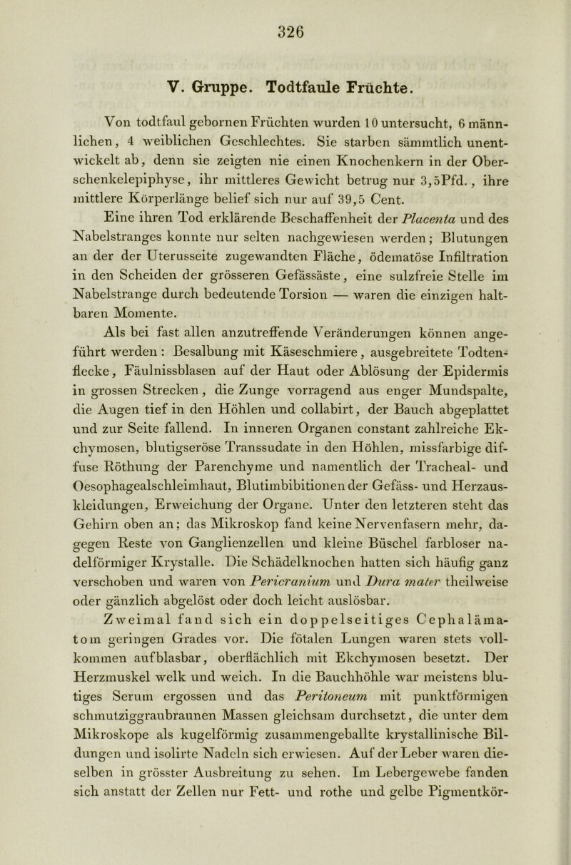 V. Gruppe. Todtfaule Früchte. Von todtfaul gebornen Früchten wurden 10 untersucht, 6 männ- lichen, 4 weiblichen Geschlechtes. Sie starben sämmtlich unent- wickelt ab, denn sie zeigten nie einen Knochenkern in der Ober- schenkelepiphyse, ihr mittleres Gewicht betrug nur 3,5Pfd., ihre mittlere Körperlänge belief sich nur auf 39,5 Cent. Eine ihren Tod erklärende Beschaffenheit der Placenta und des Kabelstranges konnte nur selten nachgewiesen werden; Blutungen an der der Uterusseite zugewandten Fläche, ödematöse Infiltration in den Scheiden der grösseren Gefässäste, eine sulzfreie Stelle im Nabelstrange durch bedeutende Torsion — waren die einzigen halt- baren Momente. Als bei fast allen anzutreffende Veränderungen können ange- führt werden : ßesalbung mit Käseschmiere, ausgebreitete Todten- flecke, Fäulnissblasen auf der Haut oder Ablösung der Epidermis in grossen Strecken, die Zunge vorragend aus enger Mundspalte, die Augen tief in den Höhlen und collabirt, der Bauch abgeplattet und zur Seite fallend. In inneren Organen constant zahlreiche Ek- chymosen, blutigseröse Transsudate in den Höhlen, missfarbige dif- fuse Böthung der Parenchyme und namentlich der Tracheal- und Oesophagealschleimhaut, Blutimbibitionen der Gefäss- und Herzaus- kleidungen, Erweichung der Organe. Unter den letzteren steht das Gehirn oben an; das Mikroskop fand keine Nervenfasern mehr, da- gegen Reste von Ganglienzellen und kleine Büschel farbloser na- delförmiger Krystalle. Die Schädelknochen hatten sich häufig ganz verschoben und waren von Pericranium und Dura mater theilweise oder gänzlich abgelöst oder doch leicht auslösbar. Zweimal fand sich ein doppelseitiges Cephaläma- tom geringen Grades vor. Die fötalen Lungen waren stets voll- kommen aufblasbar, oberflächlich mit Ekchymosen besetzt. Der Herzmuskel welk und weich. In die Bauchhöhle war meistens blu- tiges Serum ergossen und das Peritoneum mit punktförmigen schmutziggraubraunen Massen gleichsam durchsetzt, die unter dem Mikroskope als kugelförmig zusammengeballte krystallinische Bil- dungen und isolirte Nadeln sich erwiesen. Auf der Leber waren die- selben in grösster Ausbreitung zu sehen. Im Lebergewebe fanden sich anstatt der Zellen nur Fett- und rothe und gelbe Pigmentkör-