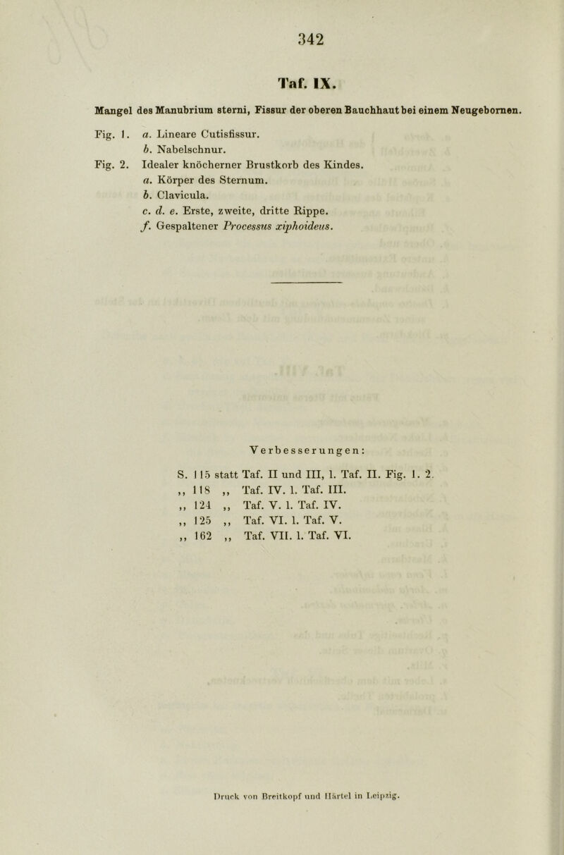 Taf. IX. Mangel desManubrium sterni, Fissur der oberen Bauchhaut bei einem Neugebomen. Fig. 1. a. Lineare Cutisfissur. b. Nabelschnur. Fig. 2. Idealer knöcherner Brustkorb des Kindes. a. Körper des Sternum. b. Clavicula. c. cl. e. Erste, zweite, dritte Rippe. f. Gespaltener Processus xijjhoideus. Verbesserungen: S. 115 statt Taf. II und III, 1. Taf. II. Fig. 1.2. ,,118 ,, Taf. IV. 1. Taf. III. ,,124 ,, Taf. V. 1. Taf. IV. ,,125 ,, Taf. VI. 1. Taf. V. ,,162 ,, Taf. VII. 1. Taf. VI. Druck von Breitkopf und Ilärtel in Leipzig.