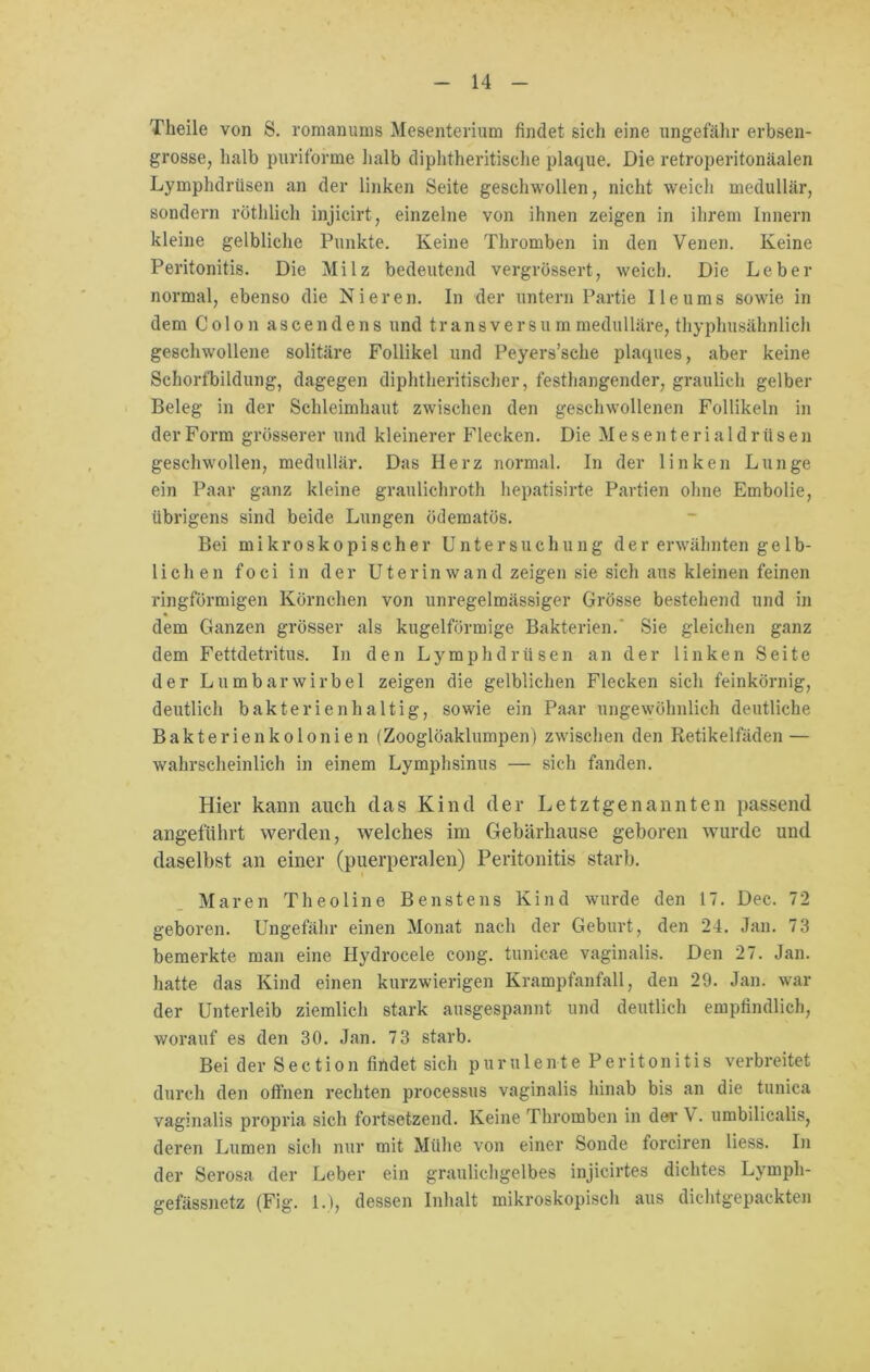 Theile von S. romanums Mesenterium findet sich eine ungefähr erbsen- grosse, halb puriforme halb diphtheritische plaque. Die retroperitonäalen Lymphdrüsen an der linken Seite geschwollen, nicht weich medullär, sondern röthlich injicirt, einzelne von ihnen zeigen in ihrem Innern kleine gelbliche Punkte. Keine Thromben in den Venen. Keine Peritonitis. Die Milz bedeutend vergrüssert, weich. Die Leber normal, ebenso die Nieren. In der untern Partie Ile ums sowie in dem Colon ascendens und transversu m medulläre, tliyphusähnlicli geschwollene solitäre Follikel und Peyers’sche plaques, aber keine Schorfbildung, dagegen diphtheritischer, festhangender, graulich gelber Beleg in der Schleimhaut zwischen den geschwollenen Follikeln in der Form grösserer und kleinerer Flecken. Die Mesenterialdrüsen geschwollen, medullär. Das Herz normal. In der linken Lunge ein Paar ganz kleine graulichroth hepatisirte Partien ohne Embolie, übrigens sind beide Lungen ödematös. Bei mikroskopischer Untersuchung der erwähnten gelb- lichen foci in der Uterinwand zeigen sie sich aus kleinen feinen ringförmigen Körnchen von unregelmässiger Grösse bestehend und in dem Ganzen grösser als kugelförmige Bakterien. Sie gleichen ganz dem Fettdetritus. In den Lymphdrüsen an der linken Seite der Lu mbar wir bei zeigen die gelblichen Flecken sich feinkörnig, deutlich bakterienhaltig, sowie ein Paar ungewöhnlich deutliche Bakterienkolonien (Zooglöaklumpen) zwischen den Retikelfäden — wahrscheinlich in einem Lymphsinus — sich fanden. Hier kann auch das Kind der Letztgenannten passend angeführt werden, welches im Gebärhause geboren wurde und daselbst an einer (puerperalen) Peritonitis starb. Maren Theoline Benstens Kind wurde den 17. Dec. 72 geboren. Ungefähr einen Monat nach der Geburt, den 24. Jan. 73 bemerkte man eine Hydrocele cong. tunicae vaginalis. Den 27. Jan. hatte das Kind einen kurzwierigen Krampfanfall, den 29. Jan. war der Unterleib ziemlich stark ausgespannt und deutlich empfindlich, worauf es den 30. Jan. 7 3 starb. Bei der Section findet sich purulente Peritonitis verbreitet durch den offnen rechten processus vaginalis hinab bis an die tunica vaginalis propria sich fortsetzend. Keine Thromben in der \ . umbilicalis, deren Lumen sich nur mit Mühe von einer Sonde forciren liess. In der Serosa der Leber ein graulichgelbes injicirtes dichtes Lymph- gefässnetz (Fig. 1.), dessen Inhalt mikroskopisch aus dichtgepackten