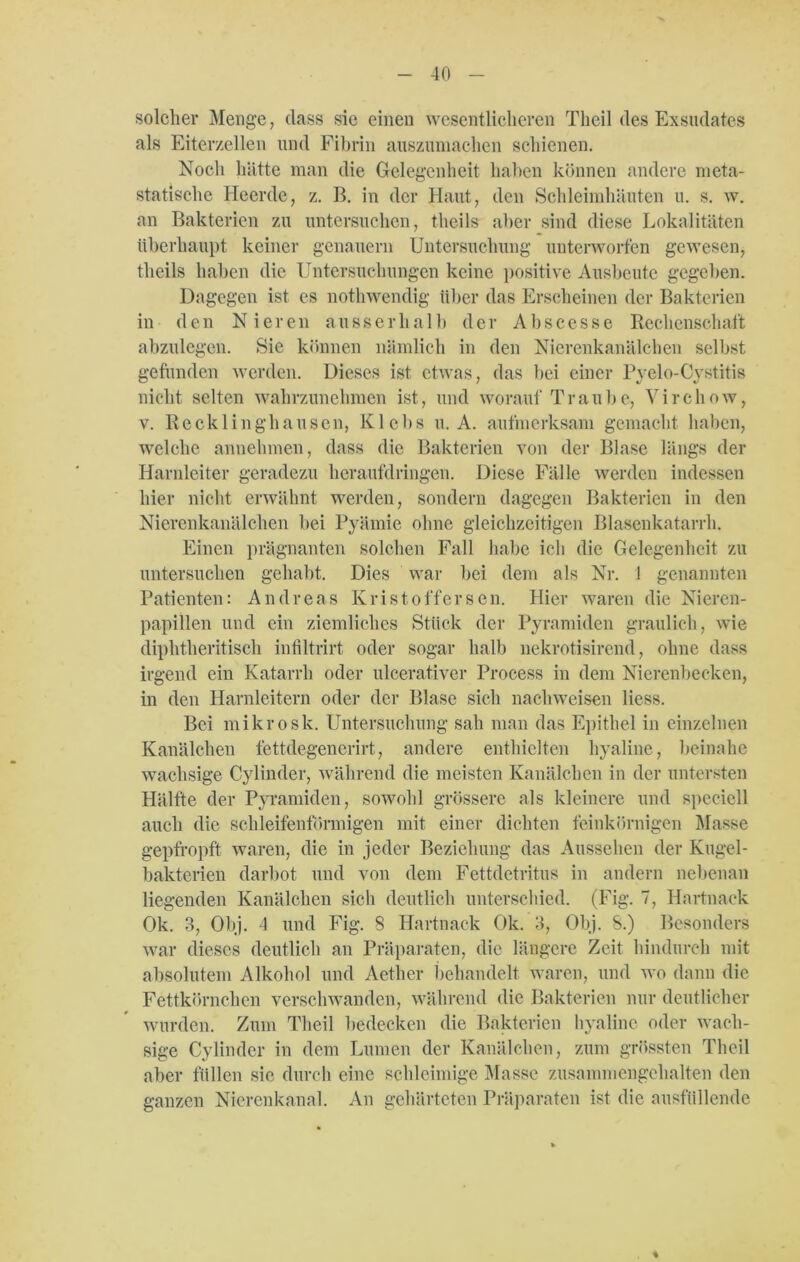 solcher Menge, dass sie einen wesentlicheren Tlieil des Exsudates als Eiterzellen und Fibrin auszumachen schienen. Noch hätte man die Gelegenheit haben können andere meta- statische Heerde, z. B. in der Haut, den Schleimhäuten u. s. w. an Bakterien zu untersuchen, theils aber sind diese Lokalitäten überhaupt keiner genauem Untersuchung unterworfen gewesen, theils haben die Untersuchungen keine positive Ausbeute gegeben. Dagegen ist es nothwendig über das Erscheinen der Bakterien in den Nieren ausserhalb der Abscesse Rechenschaft abzulegen. Sie können nämlich in den Nierenkanälchen selbst gefunden werden. Dieses ist etwas, das bei einer Pyelo-Cvstitis nicht selten wahrzunehmen ist, und worauf Traube, Virchow, v. Recklinghausen, Klebs u. A. aufmerksam gemacht haben, welche annehmen, dass die Bakterien von der Blase längs der Harnleiter geradezu heraufdringen. Diese Fälle werden indessen hier nicht erwähnt werden, sondern dagegen Bakterien in den Nierenkanälchen bei Pyärnie ohne gleichzeitigen Blasenkatarrh. Einen prägnanten solchen Fall habe ich die Gelegenheit zu untersuchen gehabt. Dies war bei dem als Nr. 1 genannten Patienten: Andreas Kr ist offersen. Hier waren die Nieren- papillen und ein ziemliches Stück der Pyramiden graulich, wie diphtheritisch infiltrirt oder sogar halb nekrotisirend, ohne dass irgend ein Katarrh oder ulcerativer Process in dem Nierenbecken, in den Harnleitern oder der Blase sich nachweisen liess. Bei mikrosk. Untersuchung sah man das Epithel in einzelnen Kanälchen fettdegenerirt, andere enthielten hyaline, beinahe wachsige Cylinder, während die meisten Kanälchen in der untersten Hälfte der Pyramiden, sowohl grössere als kleinere und speciell auch die schleifenförmigen mit einer dichten feinkörnigen Masse gepfropft waren, die in jeder Beziehung das Aussehen der Kugel- bakterien darbot und von dem Fettdetritus in andern nebenan liegenden Kanälchen sich deutlich unterschied. (Fig. 7, Hartnack Ok. 3, Obj. 4 und Fig. 8 Hartnack Ok. 3, Obj. 8.) Besonders war dieses deutlich an Präparaten, die längere Zeit hindurch mit absolutem Alkohol und Aether behandelt waren, und wo dann die Fettkörnchen verschwanden, während die Bakterien nur deutlicher wurden. Zum Theil bedecken die Bakterien hyaline oder wach- sige Cylinder in dem Lumen der Kanälchen, zum grössten Theil aber füllen sie durch eine schleimige Masse zusammengehalten den ganzen Nierenkanal. An gehärteten Präparaten ist die ausfüllende %