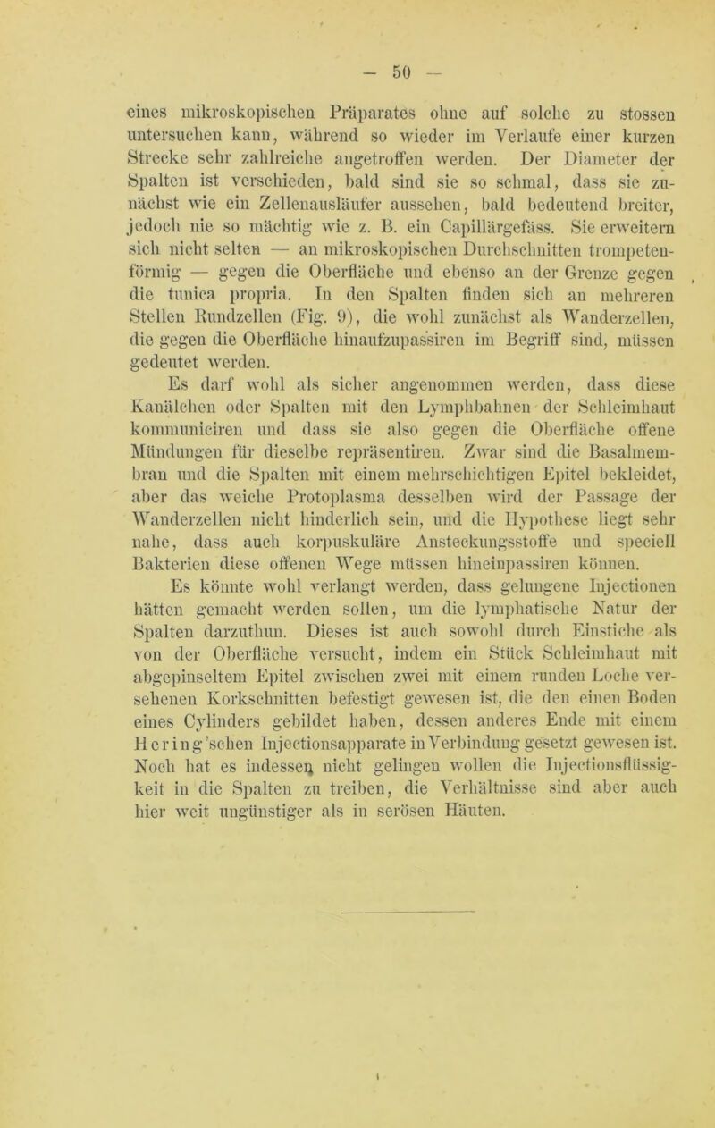 eines mikroskopischen Präparates ohne auf solche zu stossen untersuchen kann, während so wieder im Verlaufe einer kurzen Strecke sehr zahlreiche angetroffen werden. Der Diameter der Spalten ist verschieden, bald sind sie so schmal, dass sie zu- nächst wie ein Zellenausläufer aussehen, bald bedeutend breiter, jedoch nie so mächtig wie z. B. ein Capillärgefäss. Sie erweitern sich nicht selten — an mikroskopischen Durchschnitten trompeten- förmig — gegen die Oberfläche und ebenso an der Grenze gegen die tunica propria. In den Spalten finden sich au mehreren Stellen Rundzellen (Fig. 9), die wohl zunächst als Wanderzellen, die gegen die Oberfläche liinaufzupassiren im Begriff’ sind, müssen gedeutet werden. Es darf wohl als sicher angenommen werden, dass diese Kanälchen oder Spalten mit den Lymphbahnen der Schleimhaut kommuniciren und dass sic also gegen die Oberfläche offene Mündungen für dieselbe repräsentiren. Zwar sind die Basalmem- bran und die Spalten mit einem mehrschichtigen Epitel bekleidet, aber das weiche Protoplasma desselben wird der Passage der Wanderzellen nicht hinderlich sein, und die Hypothese liegt sehr nahe, dass auch korpuskulare Ansteckungsstoffe und speciell Bakterien diese offenen Wege müssen hineinpassiren können. Es könnte wohl verlangt werden, dass gelungene Injeetionen hätten gemacht werden sollen, um die lymphatische Natur der Spalten darzuthun. Dieses ist auch sowohl durch Einstiche als von der Oberfläche versucht, indem ein Stück Schleimhaut mit abgepinseltem Epitel zwischen zwei mit einem runden Loche ver- sehenen Korkschnitten befestigt gewesen ist, die den einen Boden eines Cylinders gebildet haben, dessen anderes Ende mit einem Hering 'sehen Injectionsapparate in Verbindung gesetzt gewesen ist. Noch hat es indessen nicht gelingen wollen die Injectionsfltissig- keit in die Spalten zu treiben, die Verhältnisse sind aber auch hier weit ungünstiger als in serösen Häuten.