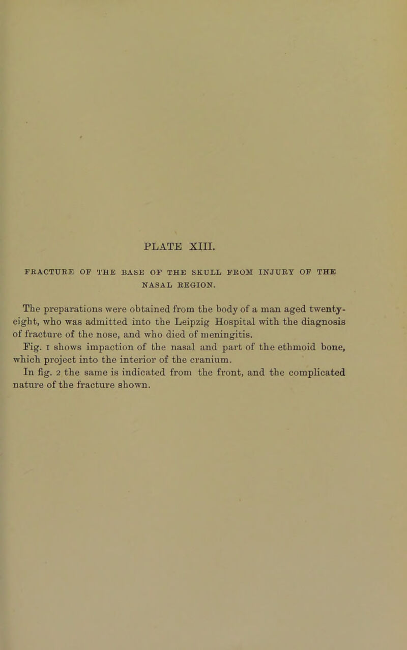 FRACTURE OF THE BASE OF THE SKULL FROM INJURY OF THE NASAL REGION. The preparations were obtained from the body of a man aged twenty- eight, who was admitted into the Leipzig Hospital with the diagnosis of fracture of the nose, and who died of meningitis. Fig. i shows impaction of the nasal and part of the ethmoid bone, which project into the interior of the cranium. In fig. 2 the same is indicated from the front, and the complicated nature of the fracture shown.