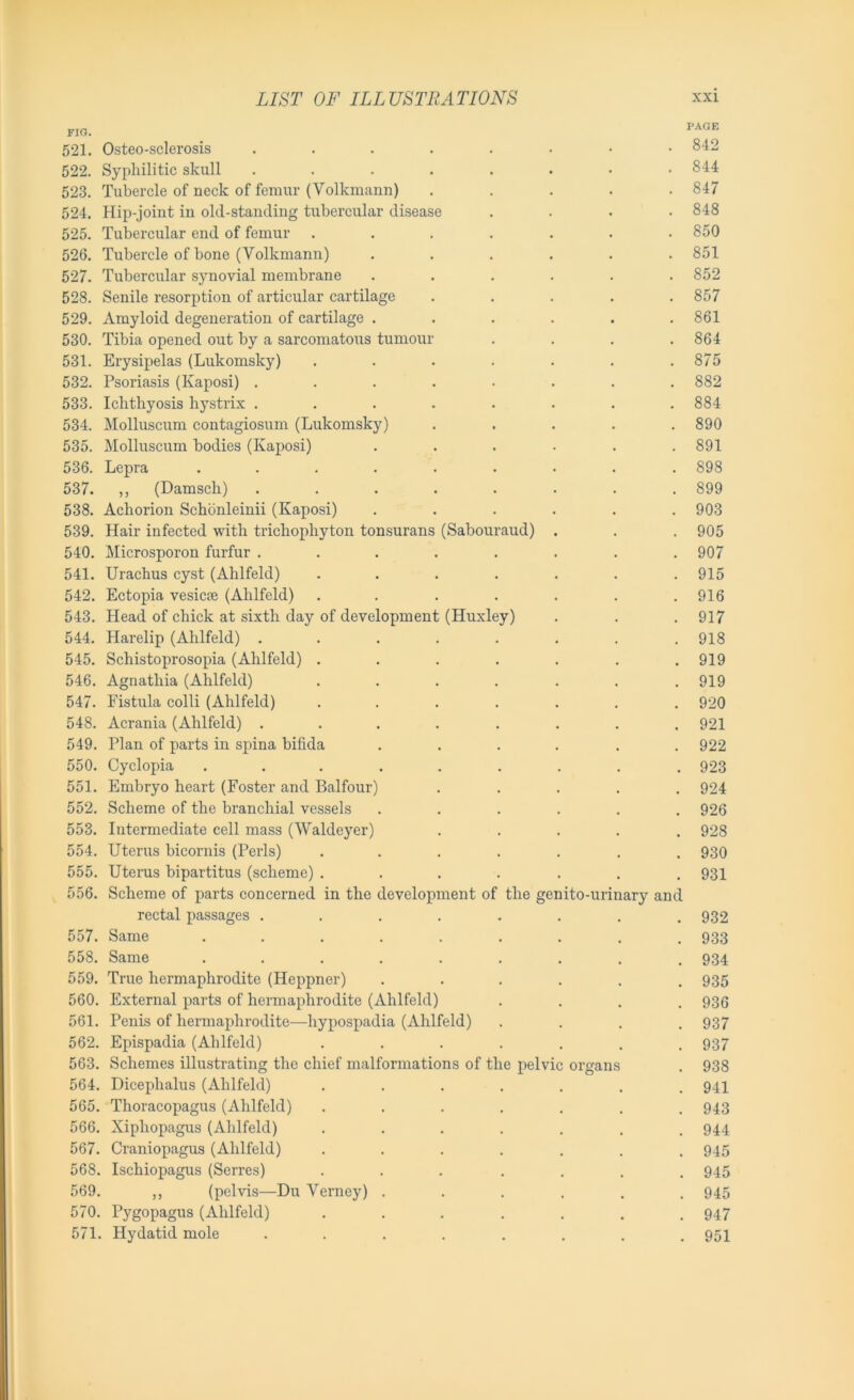 fig. page 521. Osteo-sclerosis ......•• 842 522. Syphilitic skull ........ 844 523. Tubercle of neck of femur (Yolkmann) ..... 847 524. Hip-joint in old-standing tubercular disease .... 848 525. Tubercular end of femur ....... 850 526. Tubercle of bone (Yolkmann) ...... 851 527. Tubercular synovial membrane ...... 852 528. Senile resorption of articular cartilage ..... 857 529. Amyloid degeneration of cartilage ...... 861 530. Tibia opened out by a sarcomatous tumour . . . .864 531. Erysipelas (Lukomsky) ....... 875 532. Psoriasis (Kaposi) ........ 882 533. Ichthyosis hystrix ........ 884 534. Molluscum contagiosum (Lukomsky) ..... 890 535. Molluscum bodies (Kaposi) ...... 891 536. Lepra ......... 898 537. ,, (Damsch) ........ 899 538. Achorion Schonleinii (Kaposi) ...... 903 539. Hair infected with trichophyton tonsurans (Sabouraud) . . . 905 540. Microsporon furfur ........ 907 541. Urachus cyst (Alilfeld) ....... 915 542. Ectopia vesicse (Alilfeld) ....... 916 543. Head of chick at sixth day of development (Huxley) . . . 917 544. Harelip (Alilfeld) ........ 918 545. Schistoprosopia (Alilfeld) ....... 919 546. Agnatliia (Ahlfeld) . . . . . . .919 547. Fistula colli (Ahlfeld) ....... 920 548. Acrania (Ahlfeld) ........ 921 549. Plan of parts in spina bifida ...... 922 550. Cyclopia ......... 923 551. Embryo heart (Foster and Balfour) ..... 924 552. Scheme of the branchial vessels ...... 926 553. Intermediate cell mass (Waldeyer) ..... 928 554. Uterus bicornis (Peris) ....... 930 555. Uterus bipartitus (scheme) ....... 931 556. Scheme of parts concerned in the development of the genito-urinary and rectal passages ........ 932 557. Same ......... 933 558. Same ......... 934 559. True hermaphrodite (Heppner) ...... 935 560. External parts of hermaphrodite (Ahlfeld) .... 936 561. Penis of hermaphrodite—hypospadia (Ahlfeld) .... 937 562. Epispadia (Ahlfeld) ....... 937 563. Schemes illustrating the chief malformations of the pelvic organs . 938 564. Dicephalus (Ahlfeld) ....... 941 565. Thoracopagus (Ahlfeld) ....... 943 566. Xiphopagus (Ahlfeld) ....... 944 567. Craniopagus (Ahlfeld) ....... 945 568. Ischiopagus (Serres) ... .... 945 569. ,, (pelvis—Du Yerney) ...... 945 570. Pygopagus (Ahlfeld) ....... 947 571. Hydatid mole ........ 951