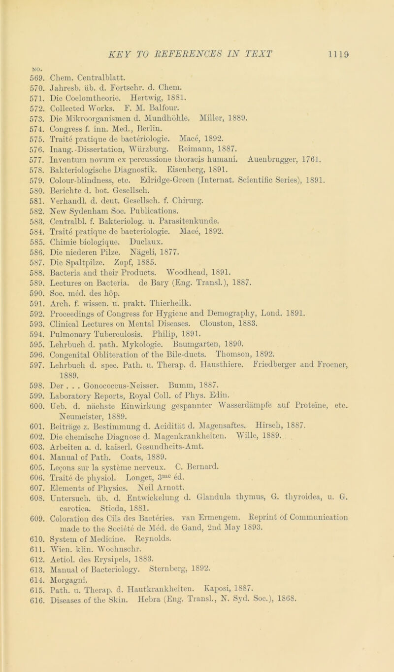 NO. 569. Cliem. Centralblatt. 570. Jahresb. lib. d. Fortschr. d. Cliem. 571. Die Coelomtlieovie. Hertwig, 1881. 572. Collected Works. F. M. Balfour. 573. Die Mikroorganismen d. Mundhohle. Miller, 1889. 574. Congress f. inn. Med., Berlin. 575. Traite pratique de bacteriologie. Mace, 1892. 576. Inaug.-Dissertation, Wiirzburg. Reimann, 1887. 577. Inventum novum ex percussione thoracis humani. Auenbrugger, 1761. 578. Bakteriologisclie Diagnostik. Eisenberg, 1891. 579. Colour-blindness, etc. Edridge-Green (Internat. Scientific Series), 1S91. 580. Berichte d. bot. Gesellsch. 581. Yerhandl. d. deut. Gesellsch. f. Chirurg. 582. New Sydenham Soc. Publications. 583. Centralbl. f. Bakteriolog. u. Parasitenkunde. 584. Traite pratique de bacteriologie. Mace, 1892. 585. Chimie biologique. Duclaux. 586. Die niederen Pilze. Nageli, 1877. 587. Die Spaltpilze. Zopf, 1885. 588. Bacteria and their Products. Woodhead, 1891. 589. Lectures on Bacteria, de Bary (Eng. Transl.), 1887. 590. Soc. med. des hop. 591. Arch. f. wissen. u. prakt. Thierheilk. 592. Proceedings of Congress for Hygiene and Demography, Lond. 1891. 593. Clinical Lectures on Mental Diseases. Clouston, 1883. 594. Pulmonary Tuberculosis. Philip, 1891. 595. Lehrbuch d. path. Mykologie. Baumgarten, 1890. 596. Congenital Obliteration of the Bile-ducts. Thomson, 1892. 597. Lehrbuch d. spec. Path. u. Therap. d. Hausthiere. Friedberger and Froener, 1889. 598. Der . . . Gonococcus-Neisser. Bumm, 1887. 599. Laboratory Reports, Royal Coll, of Phys. Edin. 600. Ueb. d. nachste Einwirkung gespannter Wasserdiimpfe auf Proteine, etc. Neumeister, 1889. 601. Beitriige z. Bestimmung d. Aciditat d. Magensaftes. Hirscli, 1887. 602. Die chemische Diagnose d. Magenkrankheiten. AVille, 1889. 603. Arbeiten a. d. kaiserl. Gesundheits-Amt. 604. Manual of Path. Coats, 1889. 605. Lecons sur la systeme nerveux. C. Bernard. 606. Traite de physiol. Longet, 3inc ed. 607. Elements of Physics. Neil Arnott. 608. Untersuch. fib. d. Entwickelung d. Glandula thymus, G. thyroidea, u. G. carotica. Stieda, 1881. 609. Coloration des Cils des Bacteries. van Ermengem. Reprint of Communication made to the Societe de Med. de Gand, 2nd May 1893. 610. System of Medicine. Reynolds. 611. Wien. klin. Wochnschr. 612. Aetiol. des Erysipels, 1883. 613. Manual of Bacteriology. Sternberg, 1892. 614. Morgagni. 615. Path. u. Therap. d. Hautkrankheiten. Kaposi, 1887. 616. Diseases of the Skin. Hebra (Eng. Transl., N. Syd. Soc.), 1868.