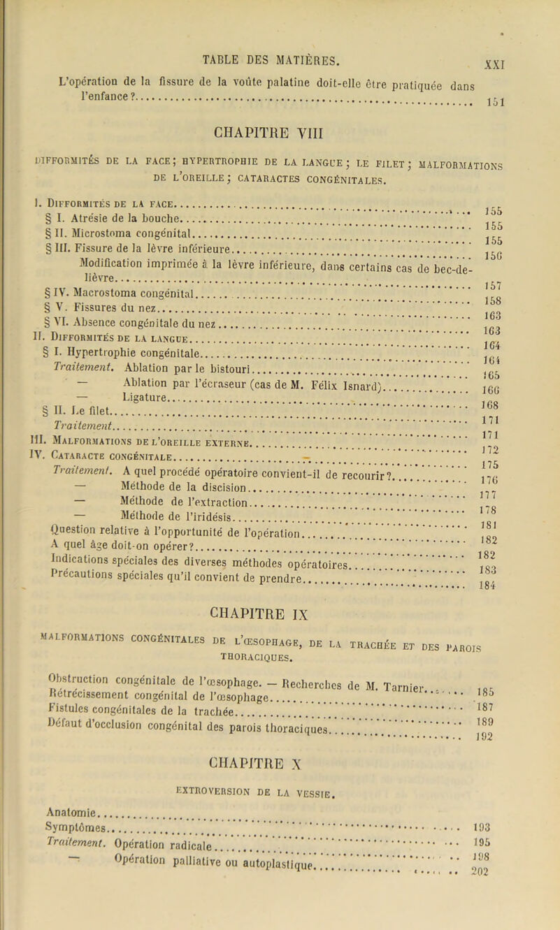 XXI L’opération de la fissure de la voûte palatine doit-elle être pratiquée dans l’enfance ? loi CHAPITRE VIII DIFFORMITÉS DE LA FACE ; HYPERTROPHIE DE LA LANGUE ; LE FILET ; MALFORMATIONS DE L’OREILLE; CATARACTES CONGÉNITALES. I. Difformités de la face § I. Atrésie de la bouche §11. Microstoma congénital § III. Fissure de la lèvre inférieure Modification imprimée à. la lèvre inférieure, dans certains cas de bec-de- lièvre § IV. Macrostoma congénital § V. Fissures du nez § VI. Absence congénitale du nez II. Difformités de la langue § I. Hypertrophie congénitale Traitement. Ablation parle bistouri ...... — Ablation par l’écraseur (cas de M. Félix Isnard) — Ligature § II. Le filet Traitement III. Malformations de l’oreille externe IV. Cataracte congénitale -. Traitement. A quel procédé opératoire convient-il de recourir 1.... . . . . . — Méthode de la discision — Méthode de l’extraction — Méthode de i’iridésis Question relative à l’opportunité de l’opération A quel âge doit-on opérer? Indications spéciales des diverses méthodes opératoires..]].']]]]’] Précautions spéciales qu’il convient de prendre 155 155 155 15G 157 158 163 163 164 161 165 166 168 171 171 172 175 176 177 178 181 182 182 183 184 CHAPITRE IX MALFORMATIONS CONGÉNITALES DE L’ŒSOPHAGE, DE LA THORACIQUES. TRACHÉE ET DES PAROIS Obstruction congénitale de l’œsophage. - Recherches de M. Tarnier Retrecissement congénital de l’œsophage Fistules congénitales de la trachée ’ Défaut d’occlusion congénital des parois thoraciques.'.]... .... . 185 187 189 192 CHAPITRE X EXTROVERSION DE LA VESSIE. Anatomie Symptômes Traitement. Opération radicale.. Opération palliative ou autoplastique 193 195 198 202