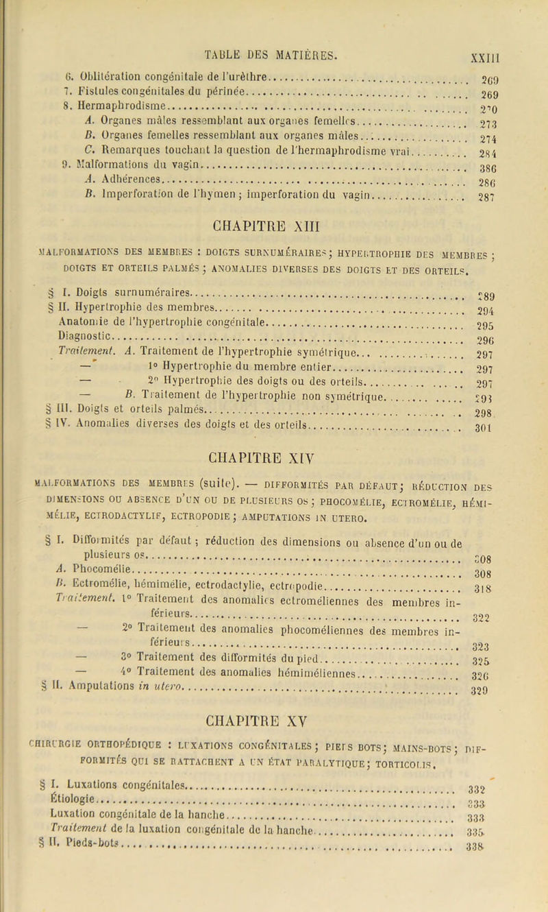 G. Oblitération congénitale de l’urèlhre 209 7. Fistules congénitales du périnée 269 8. Hermaphrodisme 210 A. Organes mâles ressemblant aux organes femelles 273 B. Organes femelles ressemblant aux organes mâles... 274 C. Remarques touchant la question de l'hermaphrodisme vrai 284 9. Malformations du vagin 386 .4. Adhérences 286 B. lmperforation de l’hymen j imperforation du vagin 287 CHAPITRE XIII MALFORMATIONS DES MEMBRES : DOIGTS SURNUMÉRAIRES j HYPERTROPHIE DLS MEMBRES : DOIGTS ET ORTEILS PALMÉS • ANOMALIES DIVERSES DES DOIGTS LT DES ORTEILS. § I. Doigts surnuméraires 289 § II. Hypertrophie des membres 294 Anatomie de l’hypertrophie congénitale 295 Diagnostic «,9g Traitement. A. Traitement de l’hypertrophie symétrique 297 — * 1° Hypertrophie du membre entier 297 — 2° Hypertrophie des doigts ou des orteils 297 — B. Traitement de l’hypertrophie non symétrique 295 g III. Doigts et orteils palmés... 298 § IV. Anomalies diverses des doigts et des orteils 301 CHAPITRE XIV MAI.FORMATIONS DES MEMBRES (suite). — DIFFORMITÉS PAR DÉFAUT j RÉDUCTION DES DIMENSIONS OU ABSENCE D UN OU DE PLUSIEURS OS ) PHOCOMÉLIE, EC'IROMÉLIE, HÉMt- MELIEj ECTRODACTYLIF, ECTROPODIE J AMPUTATIONS JN UTERO. § I. Difformités par défaut ; réduction des dimensions ou absence d’un ou de plusieurs os 29g A. Phocomélie ># 3q8 B. Ectromélie, hémimélie, ectrodactylie, ectropodie 3lg Ti auement. l° Traitement des anomalies ectroméliennes des membres in- férieurs 322 2° Tiaitement des anomalies phocoméliennes des membres in- férieurs _ 3i>3 — 3° Traitement des difformités du pied 325 — 4° Traitement des anomalies hémiméliennes 326 § II. Amputations in utero 32q CHAPITRE XV CHIRURGIE ORTHOPÉDIQUE : LUXATIONS CONGÉNITALES J PIETSBOTSJ MAINS-BOTS J DIF- FORMITÉS QUI SE RATTACHENT A UN ÉTAT PARALYTIQUE J TORTICOLIS. § I. Luxations congénitales 332 Étiologie 33^ Luxation congénitale de la hanche 333 Traitement de la luxation congénitale de la hanche 335 § II. Pieds-bots 33g