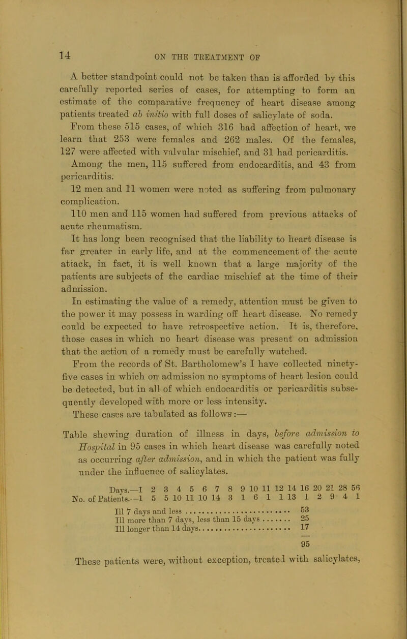 u A better standpoint could not be taken than is afforded by this carefully reported series of cases, for attempting to form an estimate of the comparative frequency of heart disease among patients treated ab initio with full doses of salicylate of soda. From these 515 cases, of which 316 had affection of heart, we learn that 253 were females and 262 males. Of the females, 127 were affected with valvular mischief, and 31 had pericarditis. Among the men, 115 suffered from endocarditis, and 43 from pericarditis. 12 men and 11 women were noted as suffering from pulmonary complication. 110 men and 115 women had suffered from previous attacks of acute rheumatism. It has long been recognised that the liability to heart disease is far greater in early life, and at the commencement of the' acute attack, in fact, it is well known that a large majority of the patients are subjects of the cardiac mischief at the time of their admission. In estimating the value of a remedy, attention must be given to the power it may possess in warding off heart disease. No remedy could be expected to have retrospective action. It is, therefore, those cases in which no heart disease was present on admission that the action of a remedy must be carefully watched. From the records of St. Bartholomew’s I have collected ninety- five cases in which on admission no symptoms of heart lesion could be detected, but in all of which endocarditis or pericarditis subse- quently developed with more or less intensity. These cases are tabulated as follows:— Table shewing duration of illness in days, before admission io Hospital in 95 cases in which heart disease was carefully noted as occurring after admission, and in which the patient was fully under the influence of salicylates. Days.—I 2 3 4 5 6 7 8 9 10 11 12 14 16 20 21 28 56 No. of Patients.—1 5 5 10 11 10 14 3 1 6 1 1 13 1 2 9 4 1 111 7 days and less • • 53 111 more than 7 days, less than 15 days 25 111 longer than 14 days 17 95 These patients were, without exception, treated with salicylates,