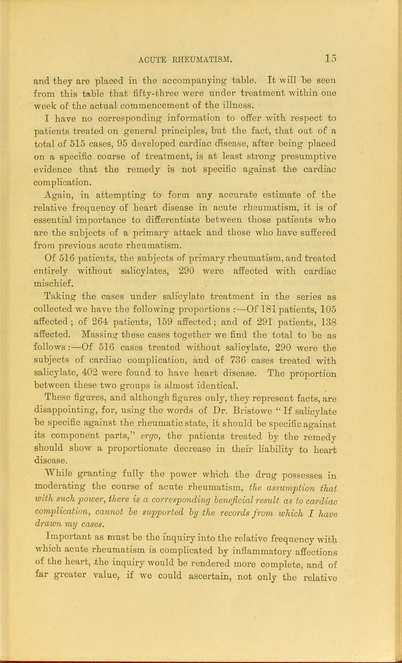 and they are placed in the accompanying table. It will be seen from this table that fifty-three were under treatment within one week of the actual commencement of the illness. I have no corresponding information to offer with respect to patients treated on general principles, but the fact, that out of a total of 515 cases, 95 developed cardiac disease, after being placed on a specific course of treatment, is at least strong presumptive evidence that the remedy is not specific against the cardiac complication. Again, in attempting tc form any accurate estimate of the relative frequency of heart disease in acute rheumatism, it is of essential importance to differentiate between those patients who are the subjects of a primary attack and those who have suffered from previous acute rheumatism. Of 516 patients, the subjects of primary rheumatism, and treated entirely without salicylates, 290 were affected with cardiac mischief. Taking the cases under salicylate treatment in the series as collected we have the following proportions ;•—Of 181 patients, 105 affected; of 264 patients, 159 affected; and of 291 patients, 138 affected. Massing these cases together we find the total to be as follows :—Of 516 cases treated without salicylate, 290 were the subjects of cardiac complication, and of 736 cases treated with salicylate, 402 were found to have heart disease. The proportion between these two groups is almost identical. These figures, and although figures only, they represent facts, are disappointing, for, using the words of Dr. Bristowe “If salicylate be specific against the rheumatic state, it should be specific against its component parts,” ergo, the- patients treated by the remedy should show a proportionate decrease in their liability to heart disease. While granting fully the power which the drug possesses in moderating the course of acute rheumatism, the assumption that with such power, there is a corresponding beneficial result as to cardiac complication, cannot be supported bg the records from which I have drawn my cases. Important as must be the inquiry into the relative frequency with which acute rheumatism is complicated by inflammatory affections of the heart, .the inquiry would be rendered more complete, and of far greater value, if we could ascertain, not only the relative